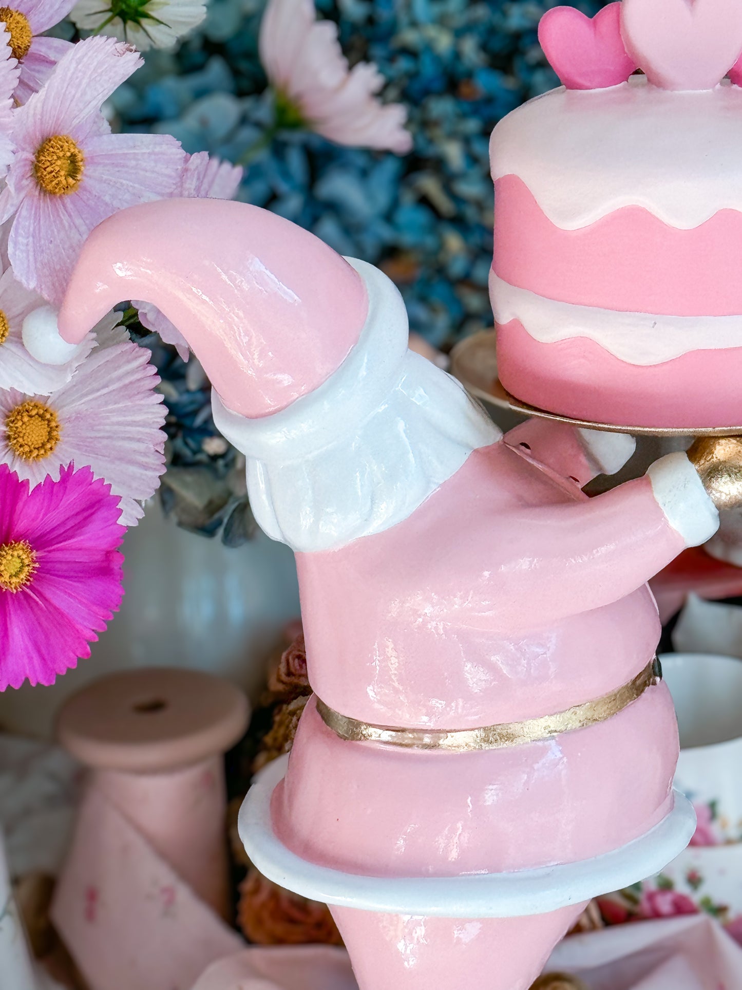 Pastel Pink and gold Santa Cake stand with hand painted ceramic mini cake