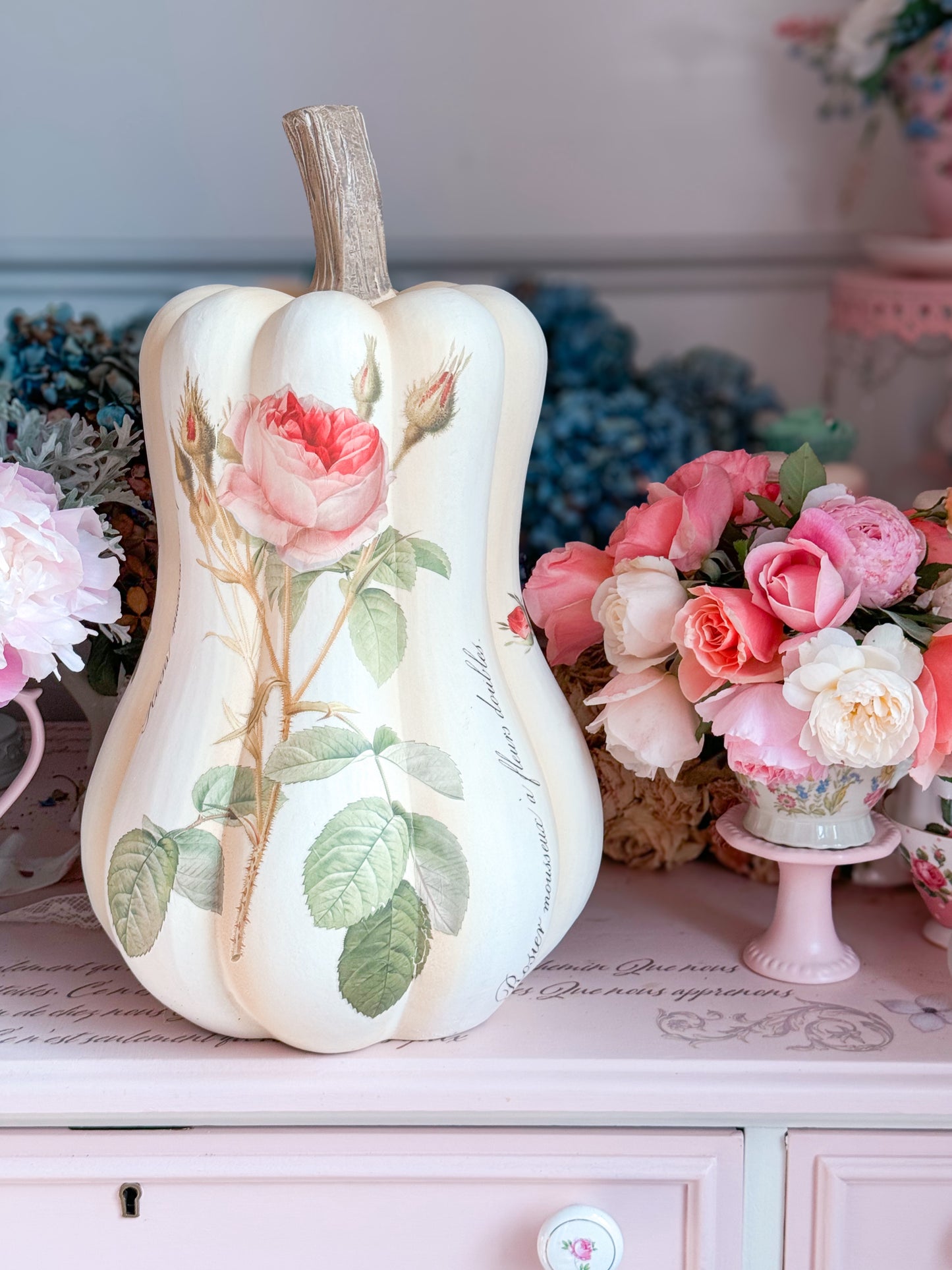 PRE-ORDER: Bespoke Redoute Roses Autumn Pumpkin Gourd with all Pink Roses