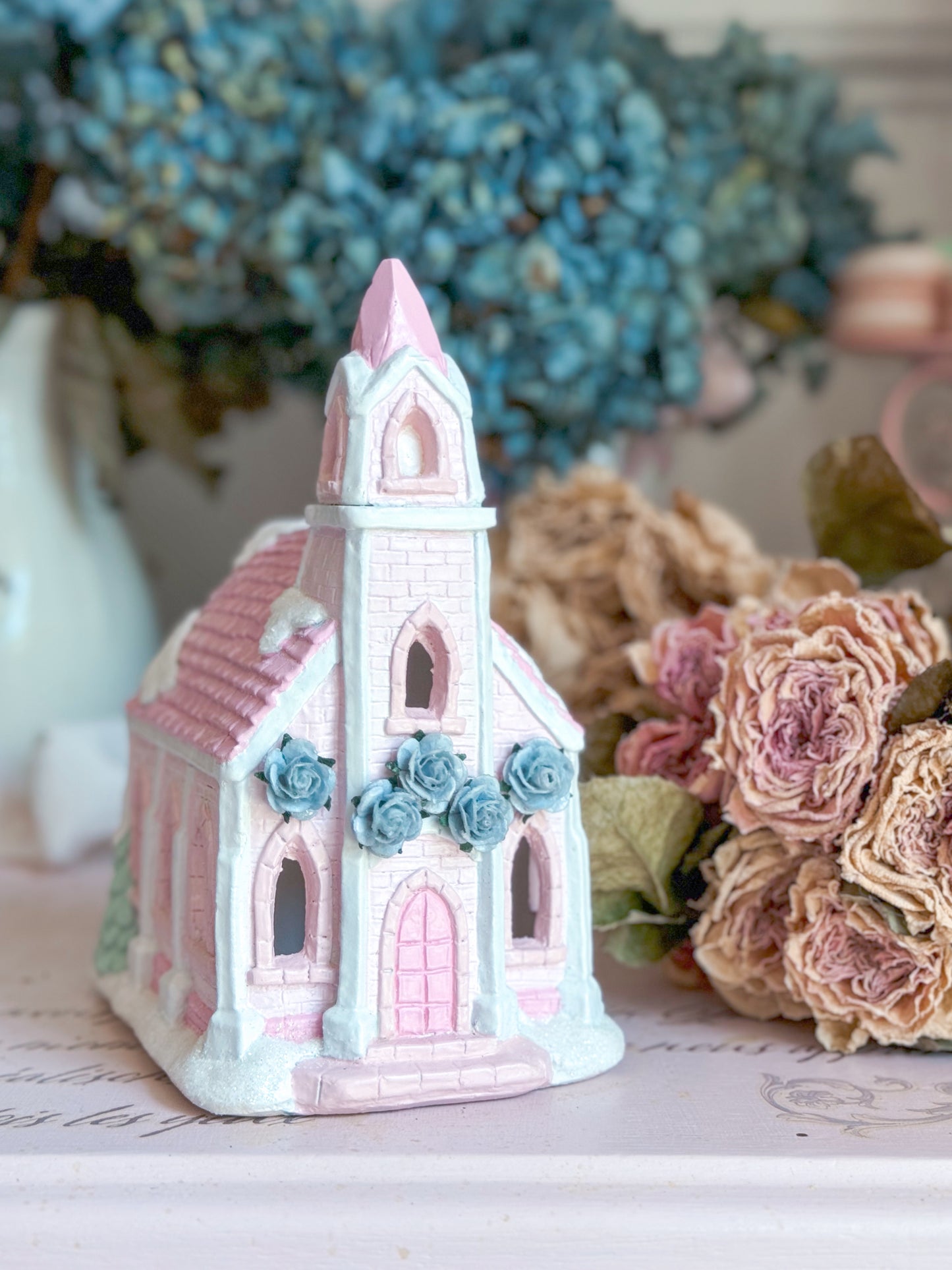 Bespoke Hand Painted Pastel Pink & Blue Christmas Village Church