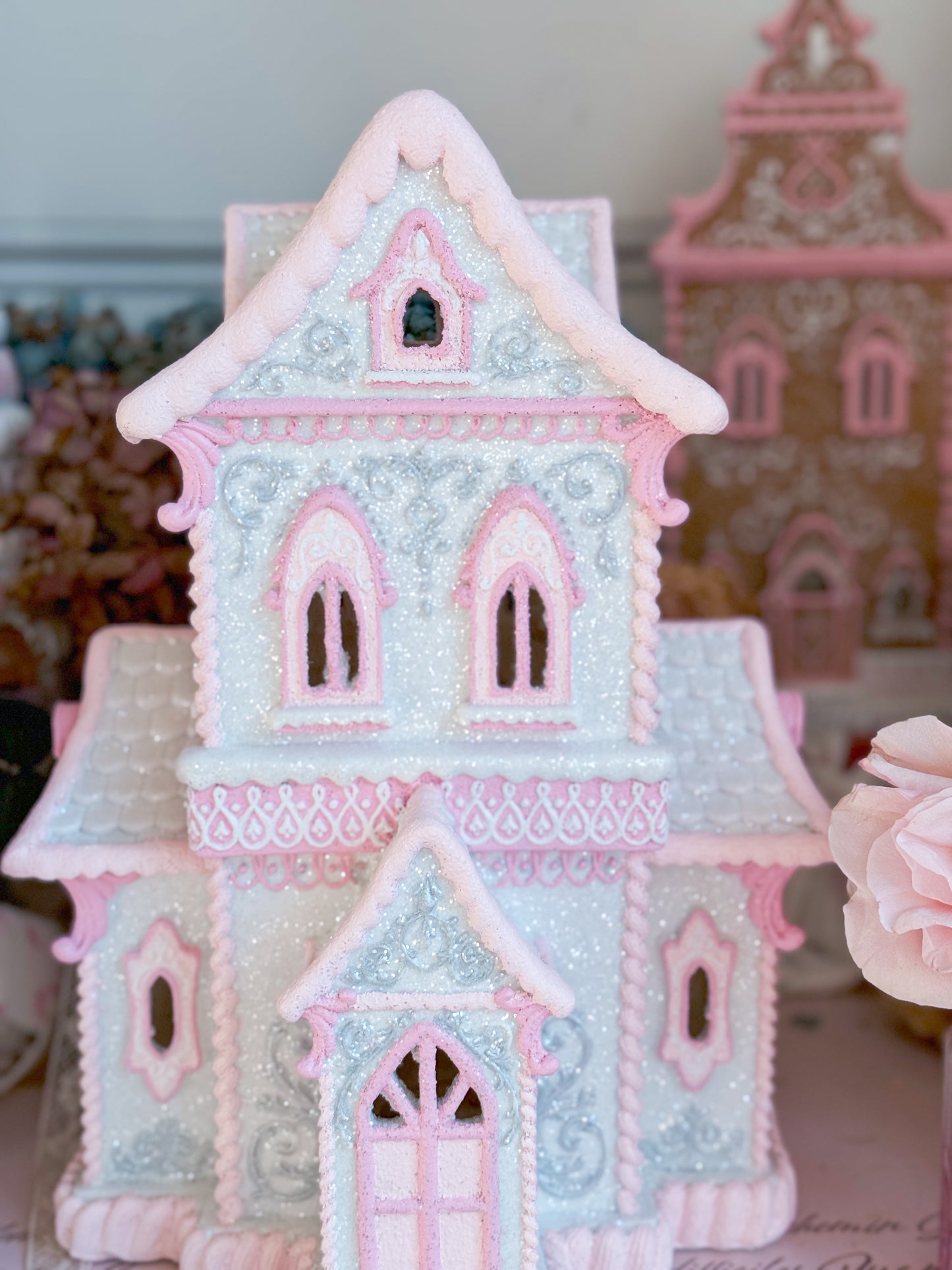 GLOW-UP COMMISSION: Bespoke Pastel Pink and White Hand Painted Two-Story Victorian Gingerbread House