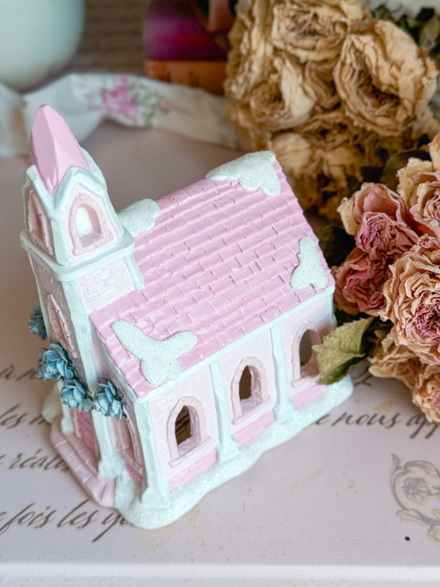 Bespoke Hand Painted Pastel Pink & Blue Christmas Village Church