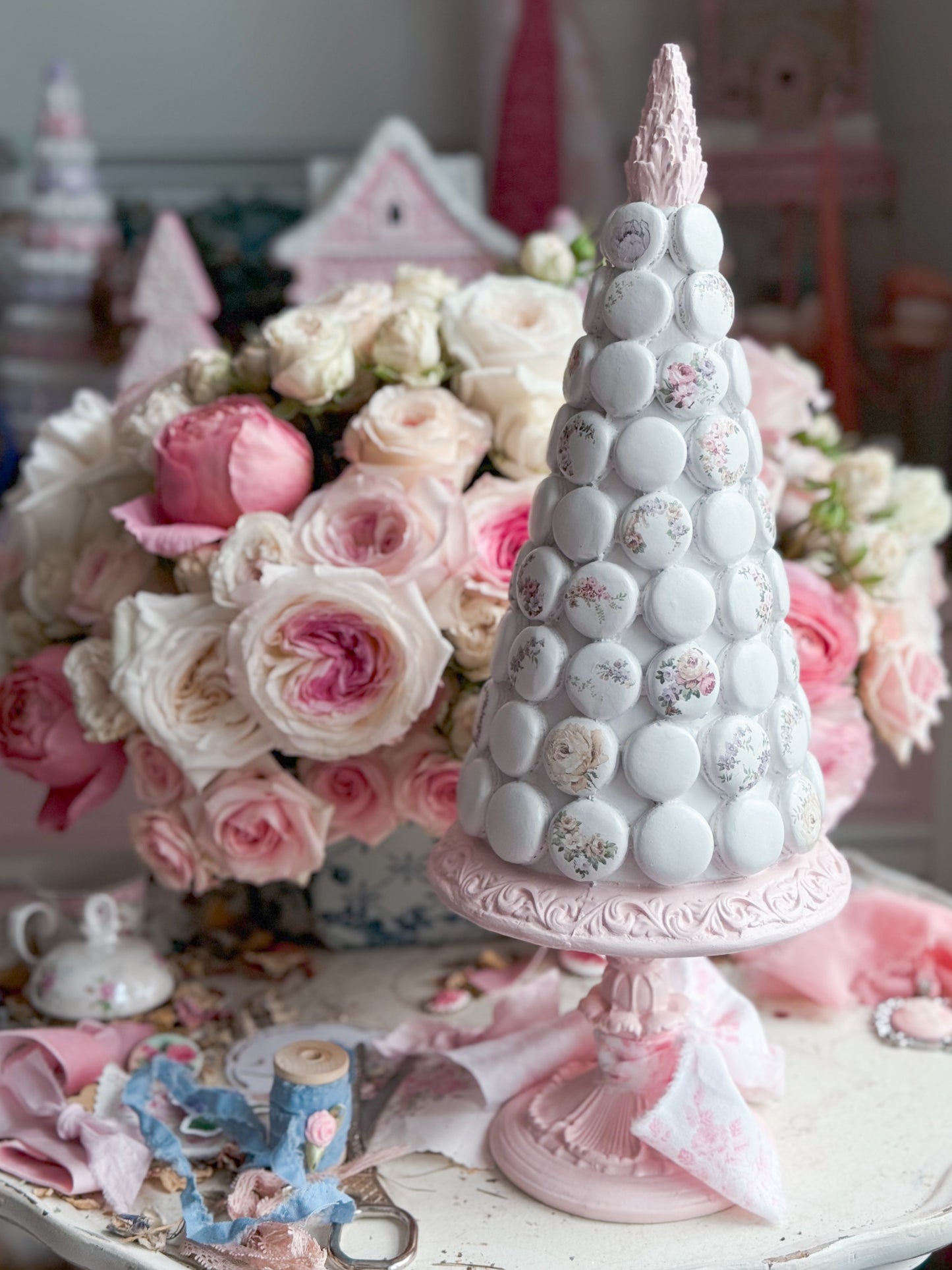 Bespoke Hand Painted Pastel Pink and White Shabby Chic Floral Macaron Tree