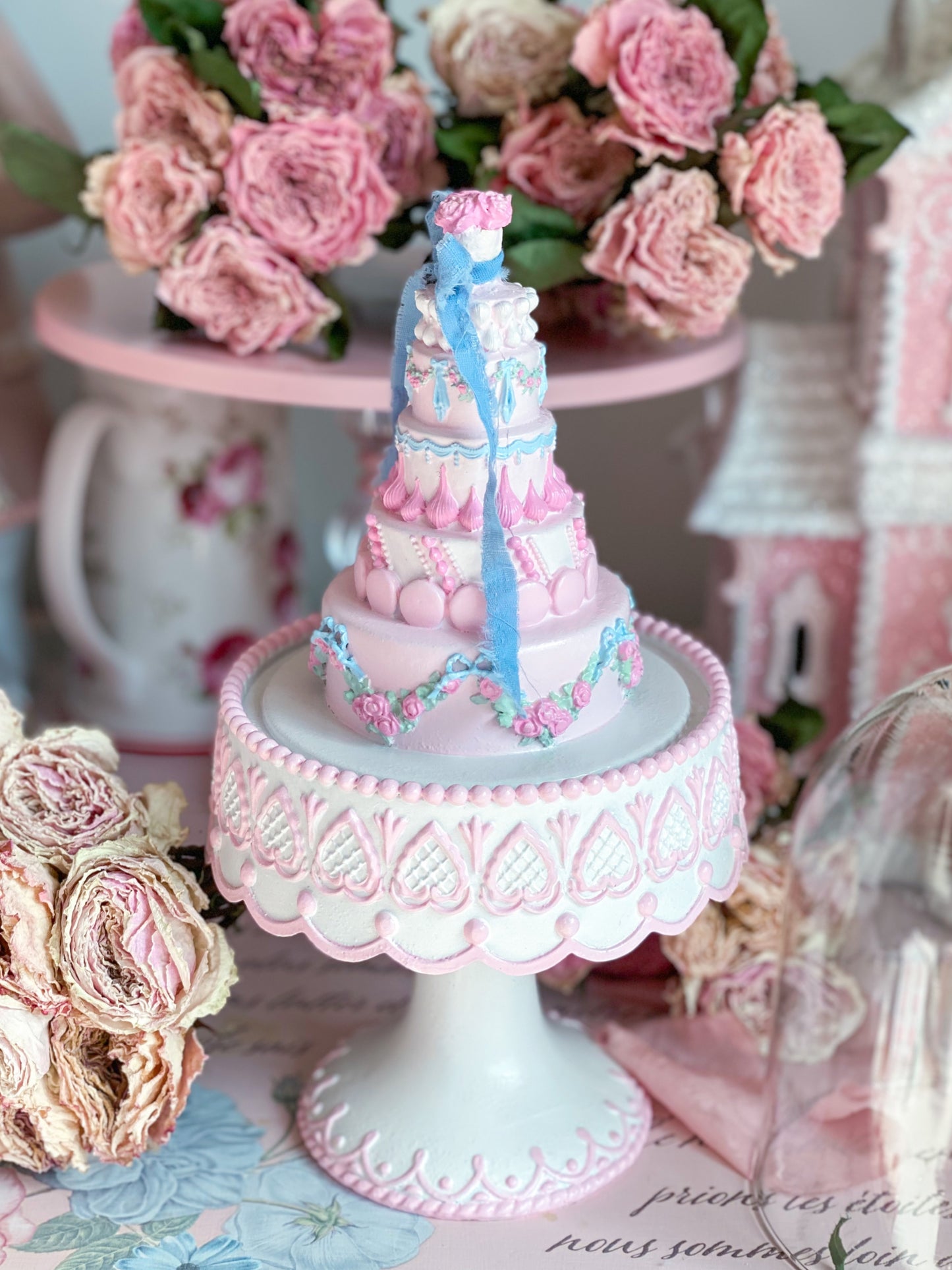 GLOW-UP COMMISSION: Bespoke Hand Painted Pastel Pink, Blue, Mint Green Spring Easter Cake with Cloche