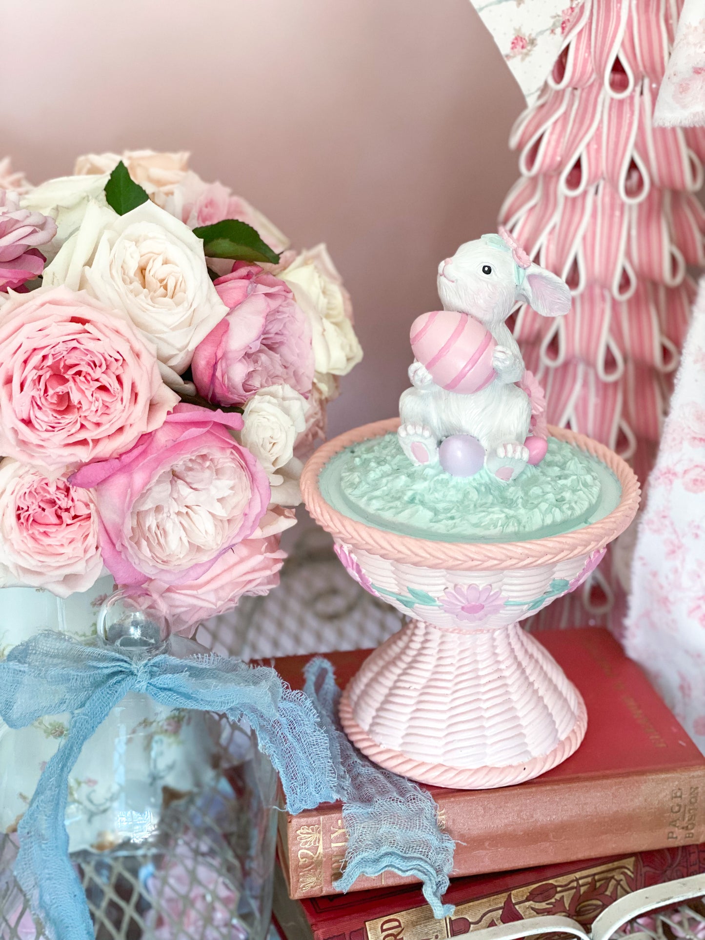 Bespoke Easter Bunny in Cloche on Pastel Pink Pedestal Base Hand Painted