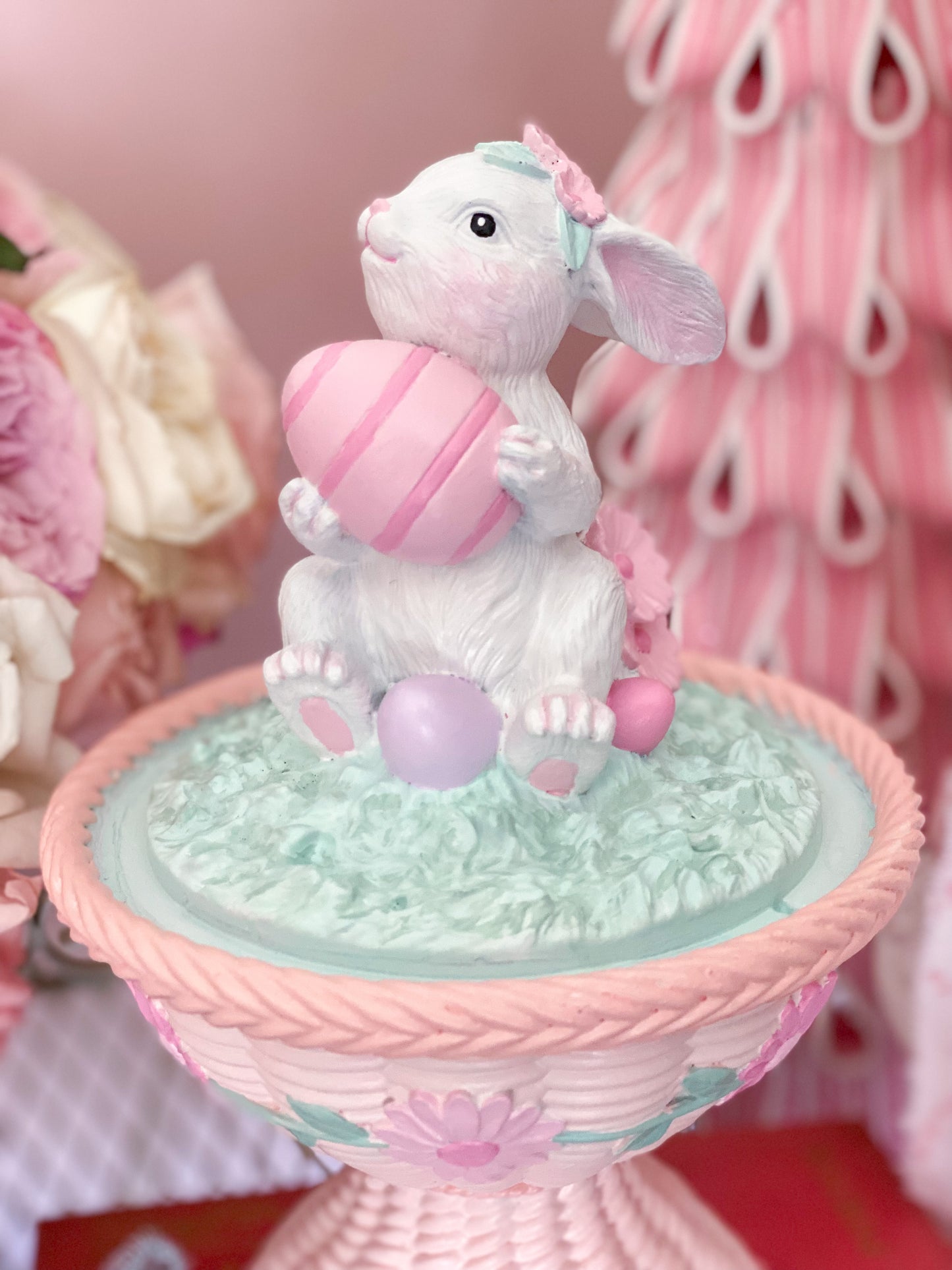 Bespoke Easter Bunny in Cloche on Pastel Pink Pedestal Base Hand Painted