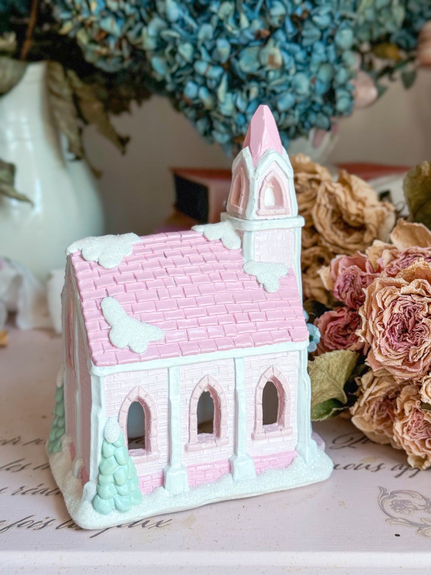 Bespoke Hand Painted Pastel Pink & Blue Christmas Village Church