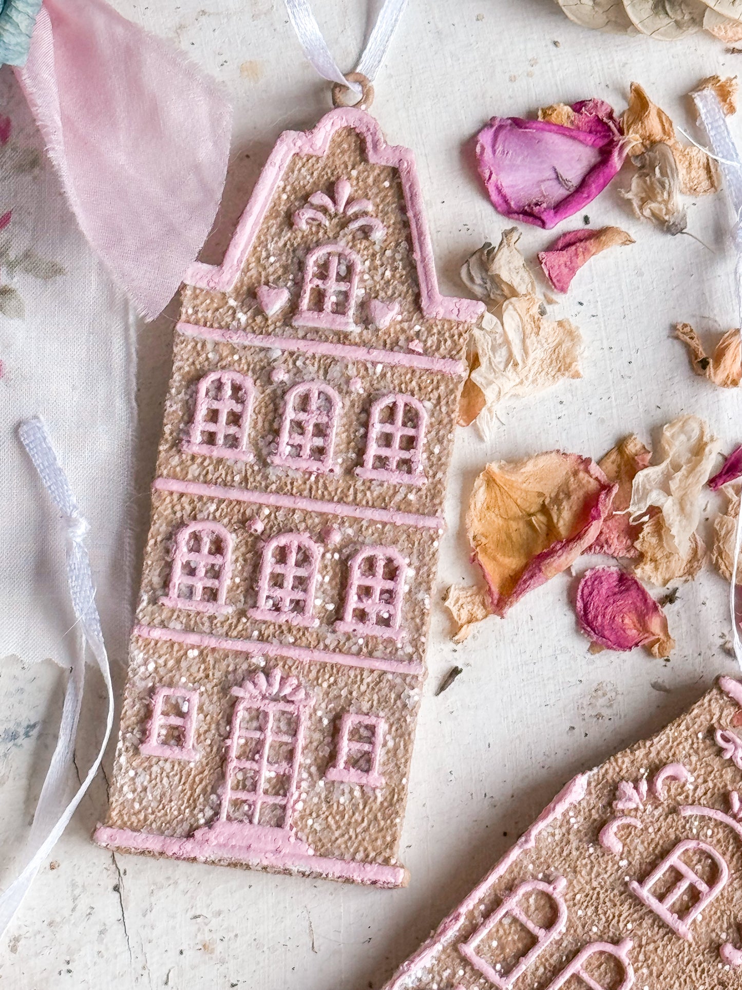 Bespoke Hand Painted Pink Gingerbread Townhouse Christmas Tree Ornaments