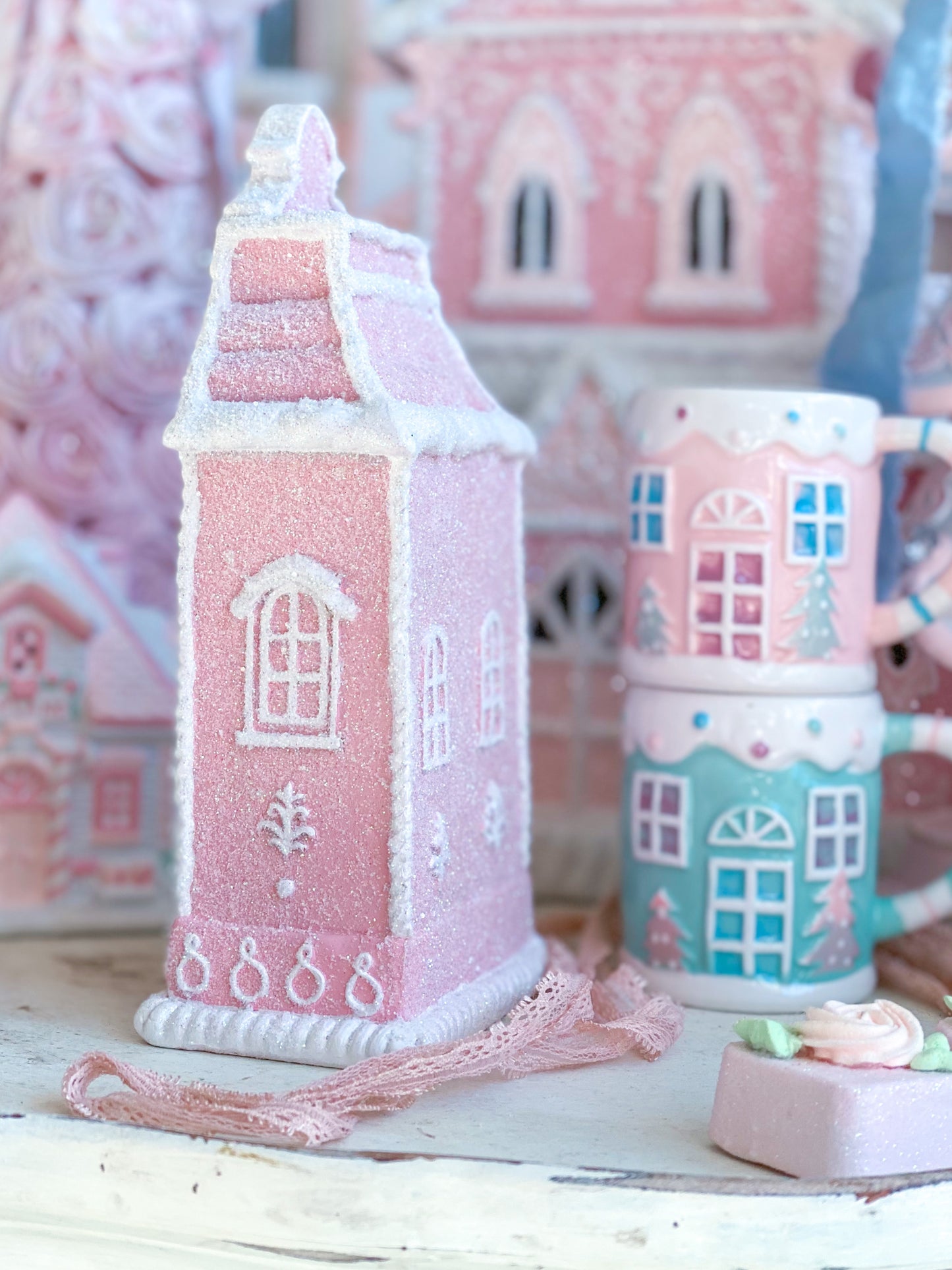 Bespoke Pastel Pink and White Glitter Townhouse