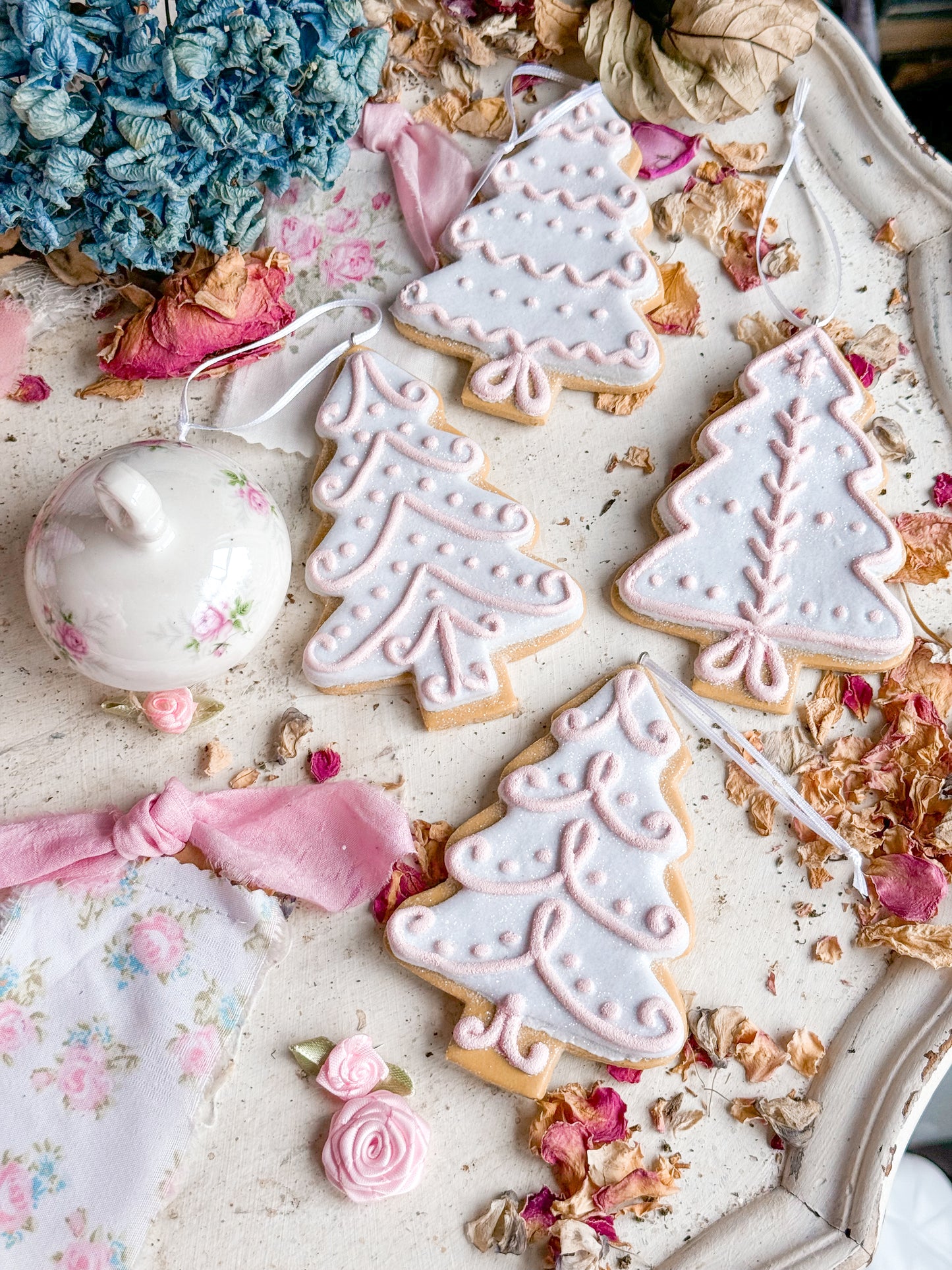 Bespoke Hand Painted Gingerbread Cookie Christmas Tree Ornaments with Pastel Pink Icing