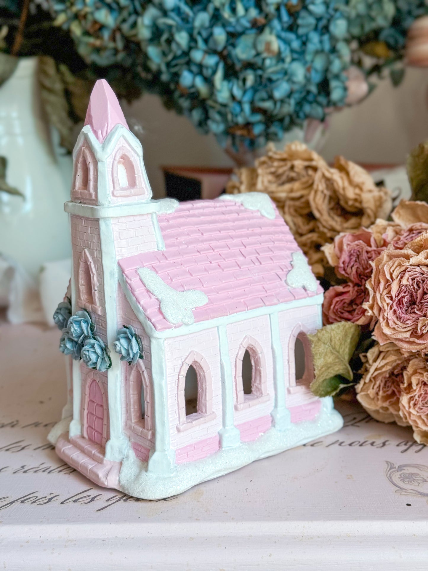 Bespoke Hand Painted Pastel Pink & Blue Christmas Village Church