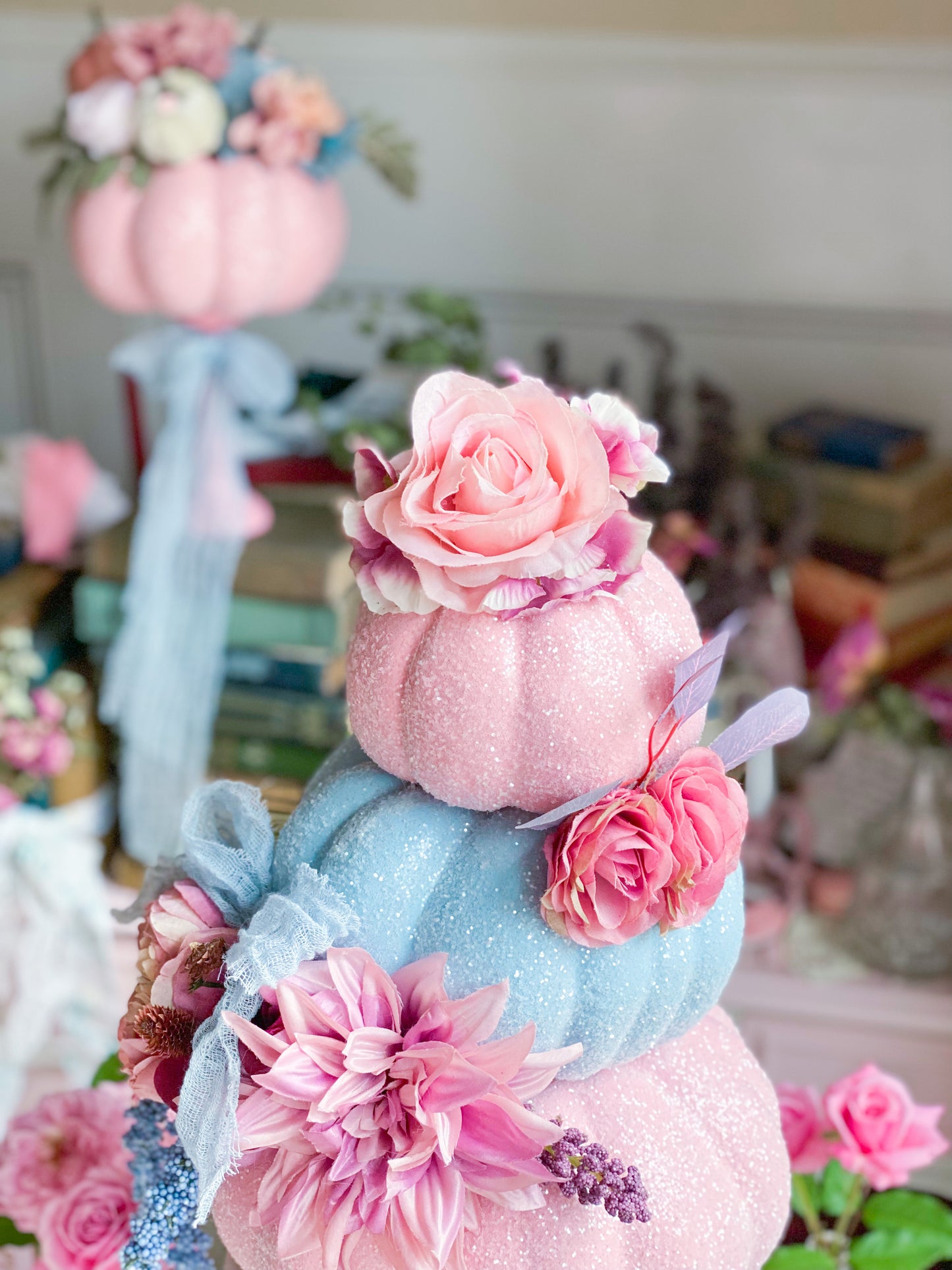 Bespoke Upcycled Pink and Blue Glam 3 Pumpkin Topiary