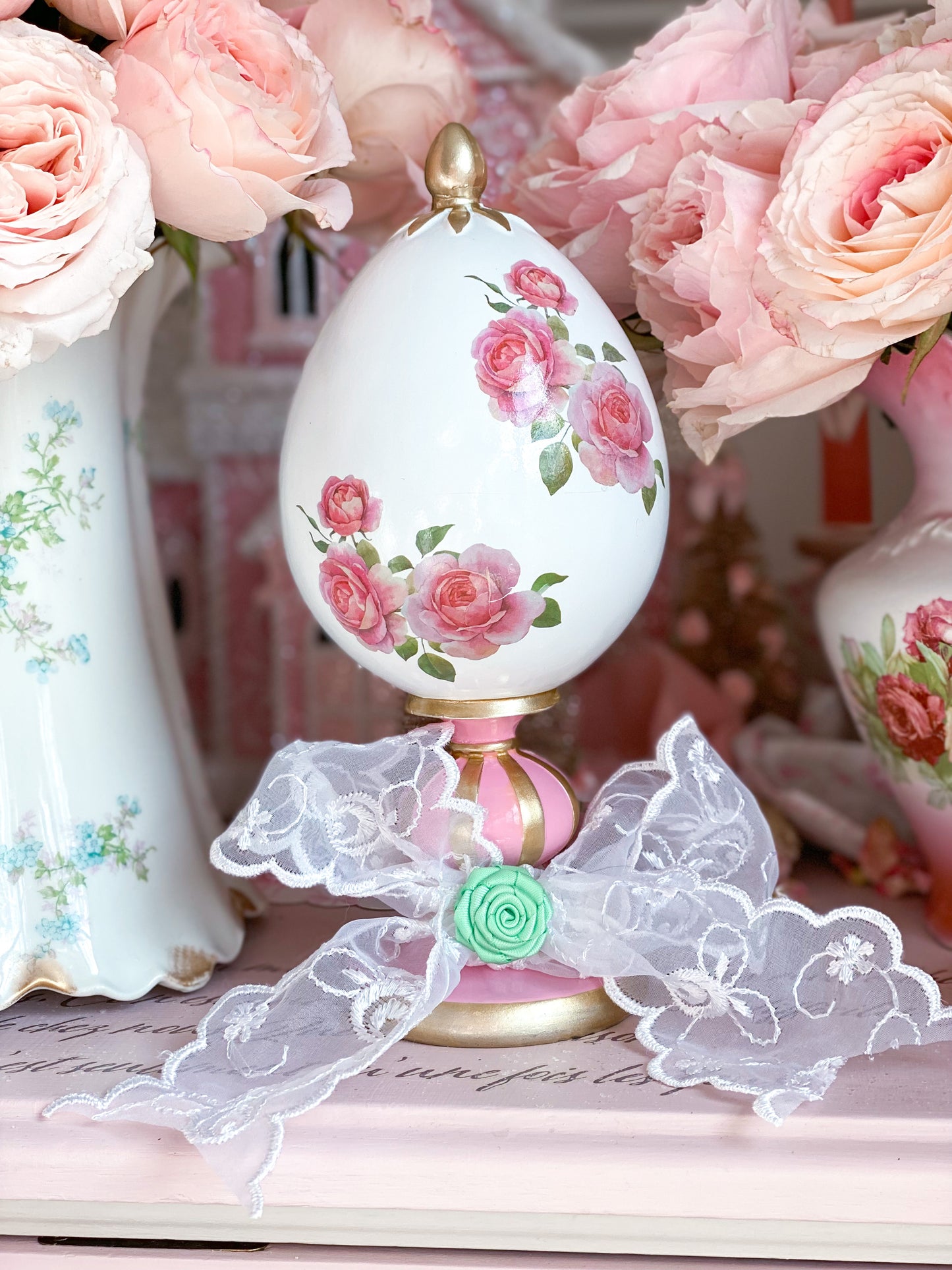 Bespoke Pastel Pink Shabby Chic Floral Easter Egg Finial Topiary