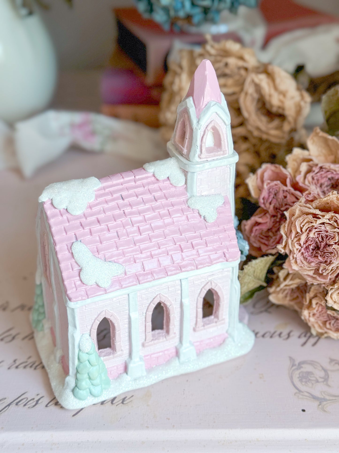 Bespoke Hand Painted Pastel Pink & Blue Christmas Village Church