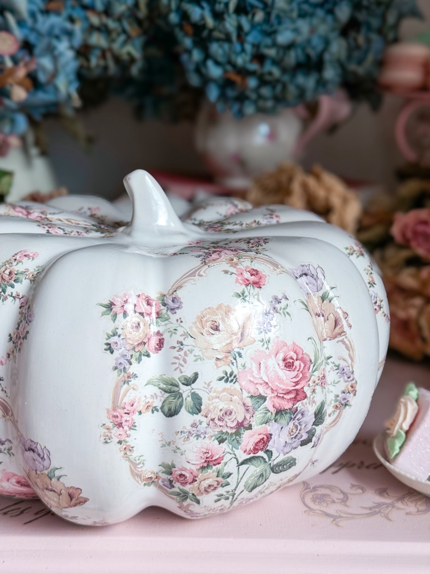 Bespoke Shabby Chic White Floral Ceramic Pumpkin + Custom Blue Paint