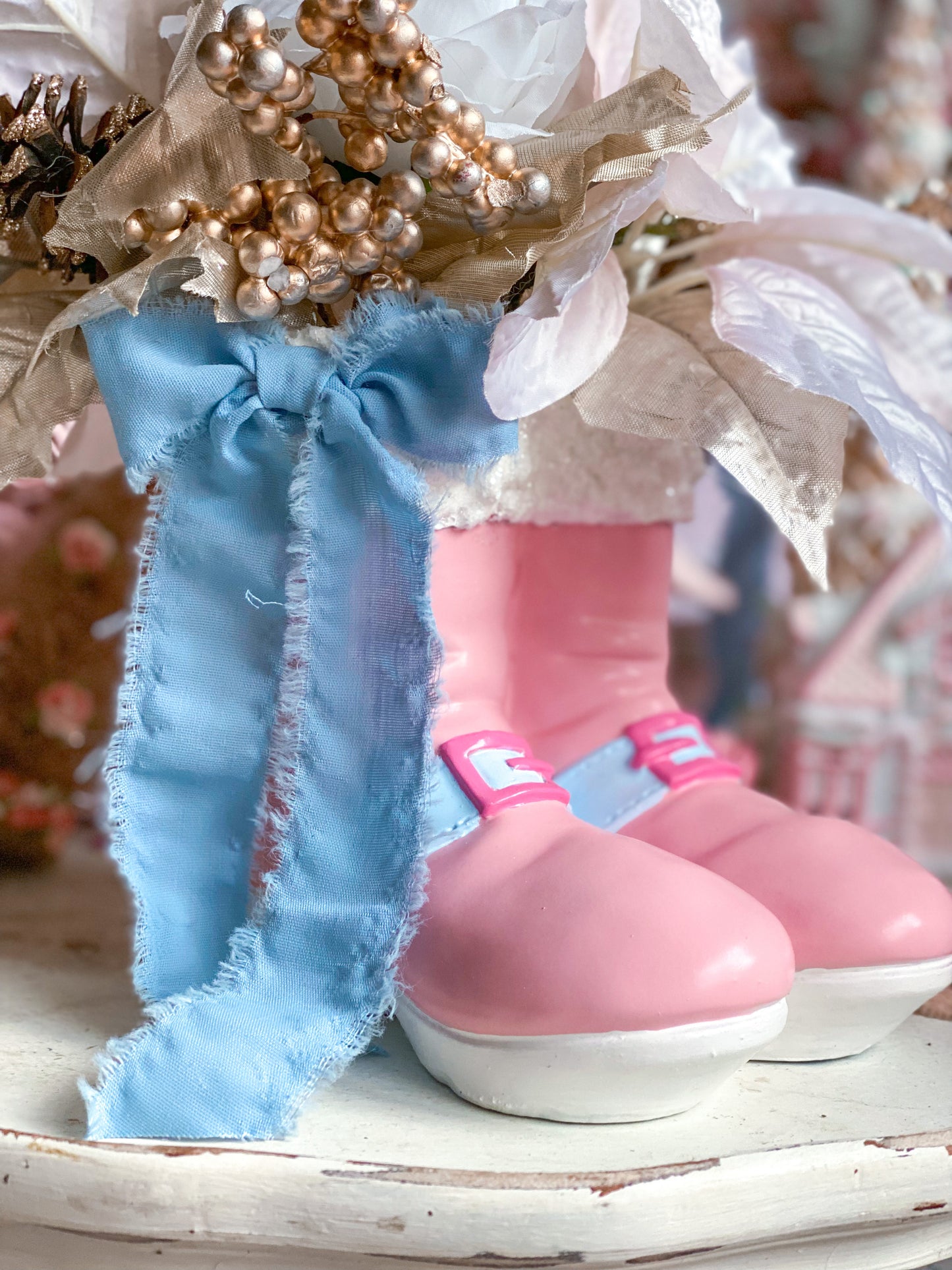 Bespoke Pastel Pink & Blue Santa Boots with Pink Poinsettia Arrangement