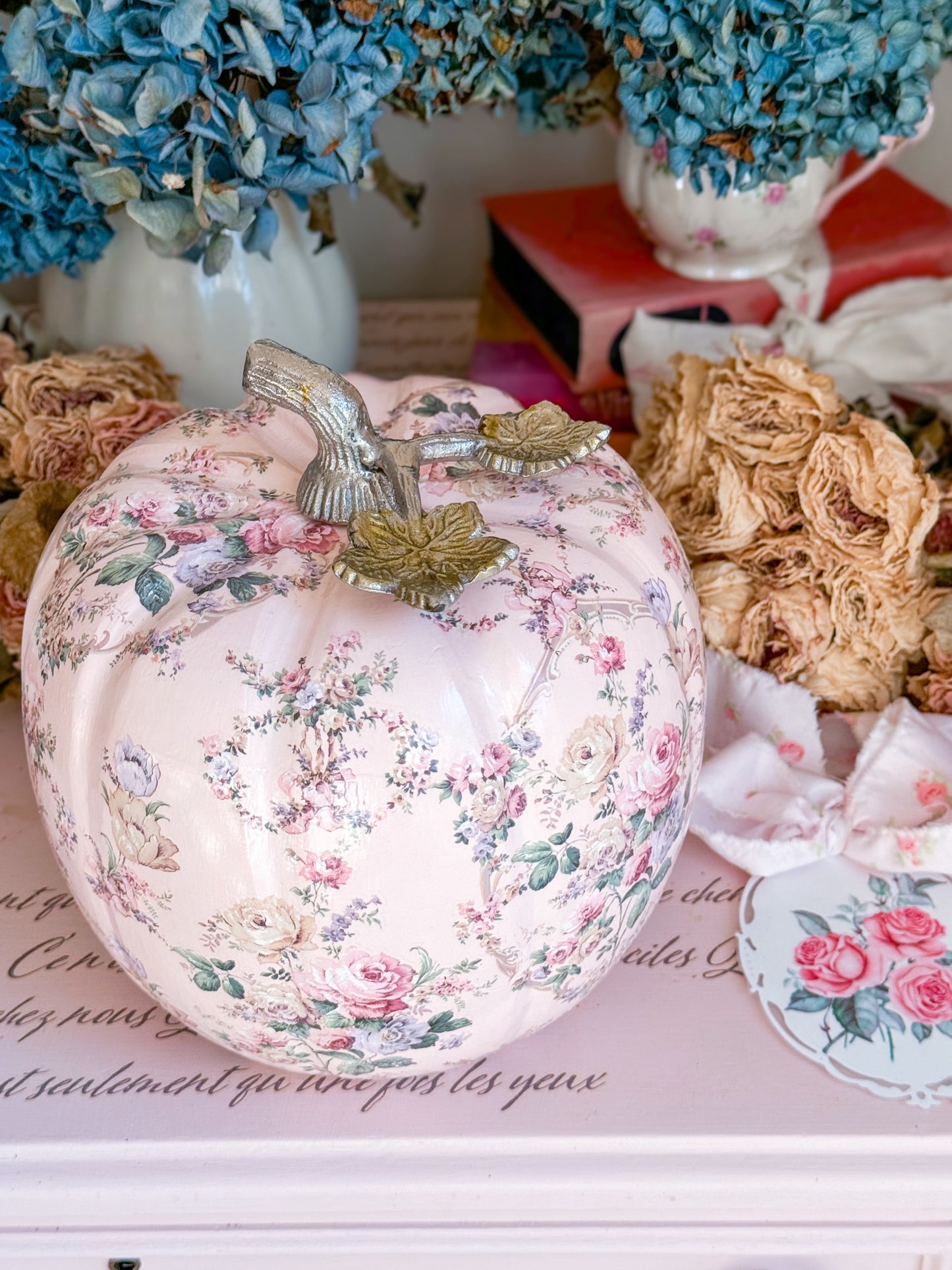 Bespoke Pastel Pink Hand Painted Shabby Chic Floral Pumpkin