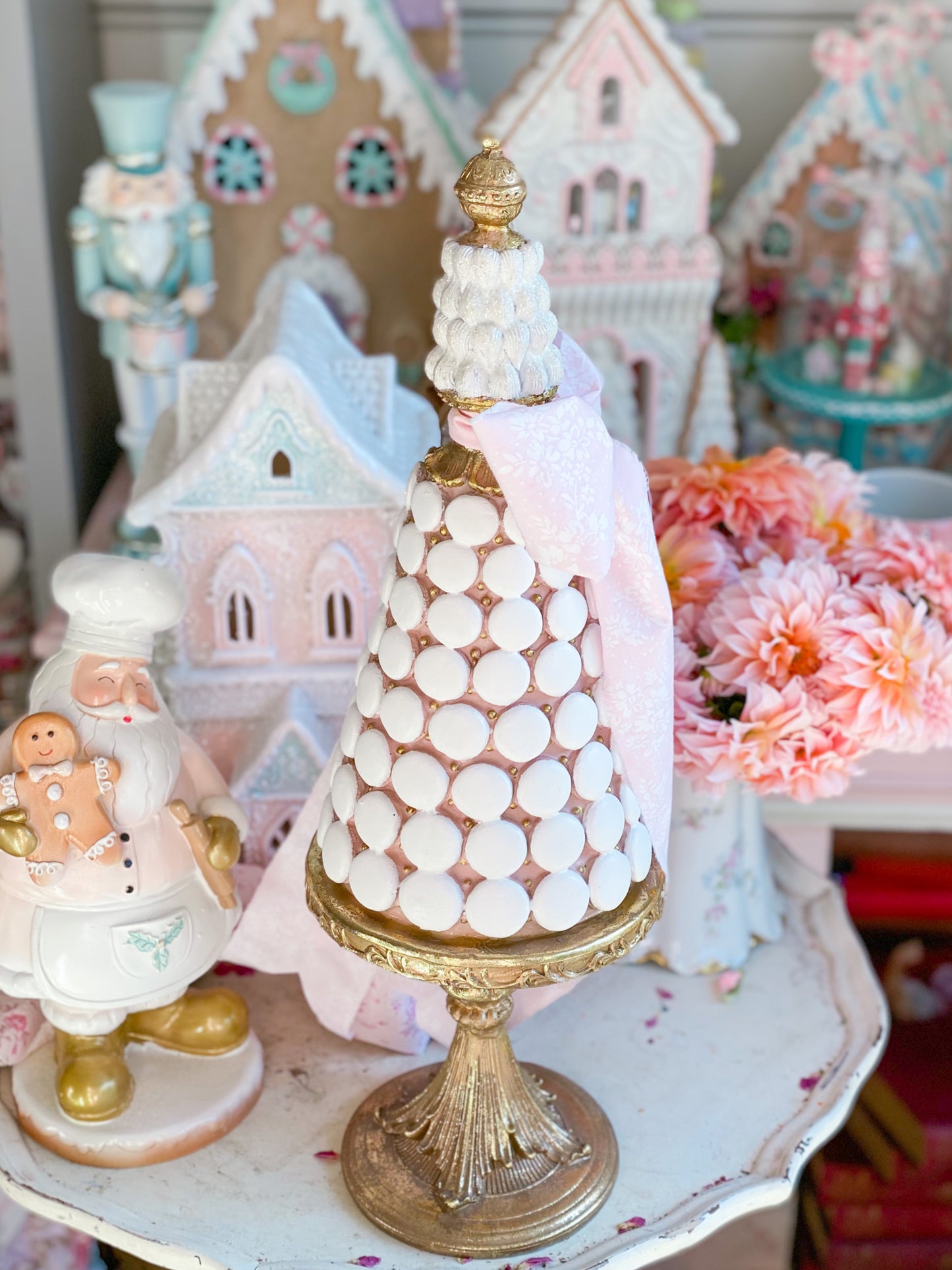 White, Pink and Gold Macaron Tree with Bespoke Pastel Pink Bow
