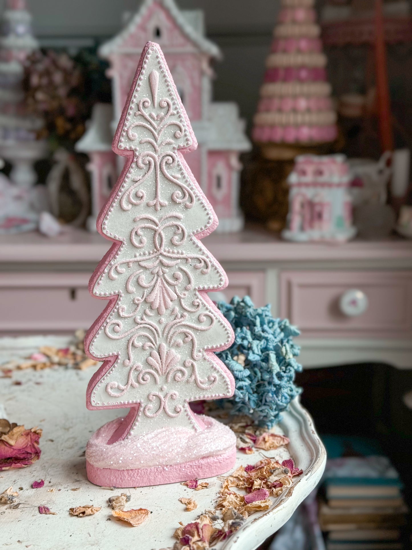 Bespoke Hand Painted Pastel Pink & White Gingerbread Cookie Christmas Tree