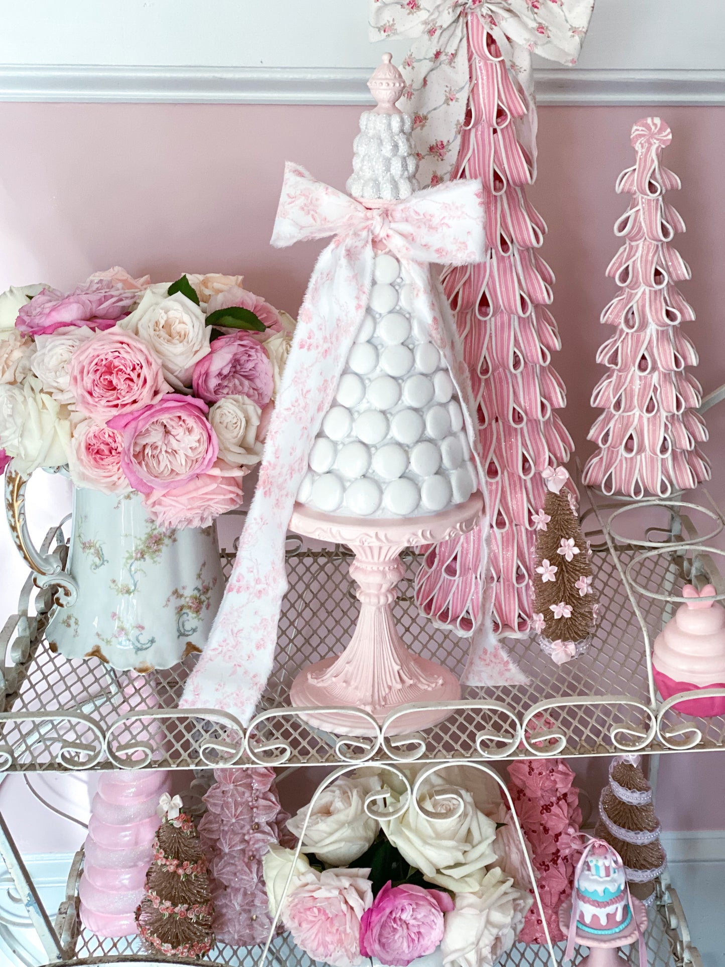 Bespoke Pink and White Coquette Macaron Tree with pink floral bow a la Marie Antoinette