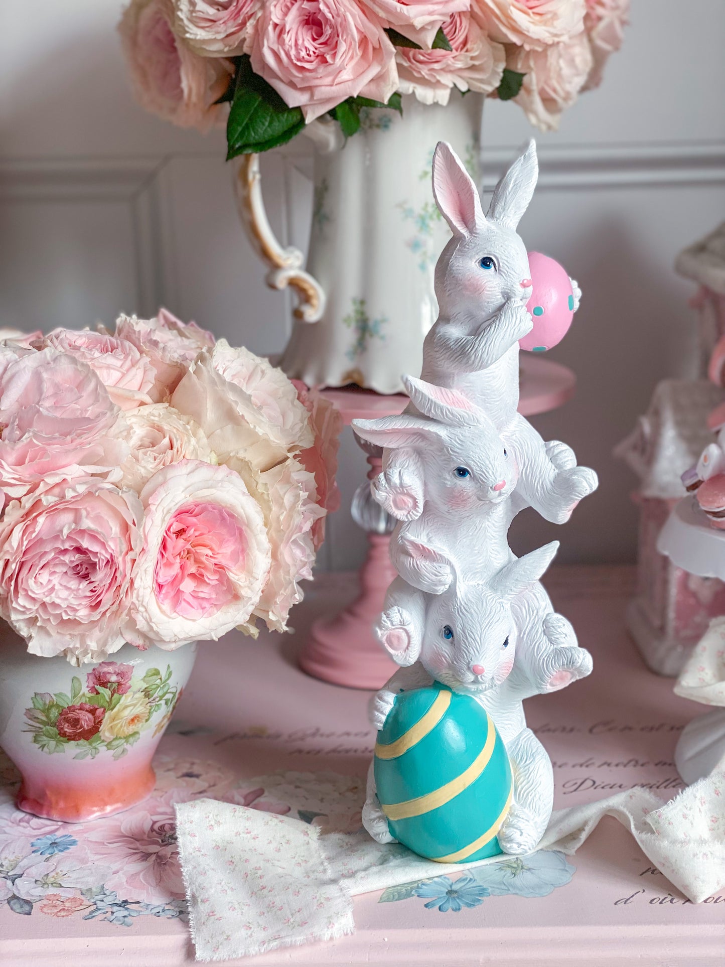 Pastel Playful Stacked Bunnies with Pink andTeal Easter Eggs