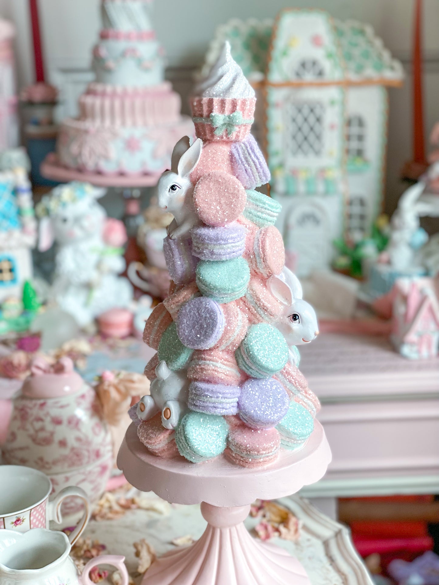 Bespoke Pastel Pink, Purple & Mint Green Bunny Macaron Tower on Blush Pink Pedestal Base