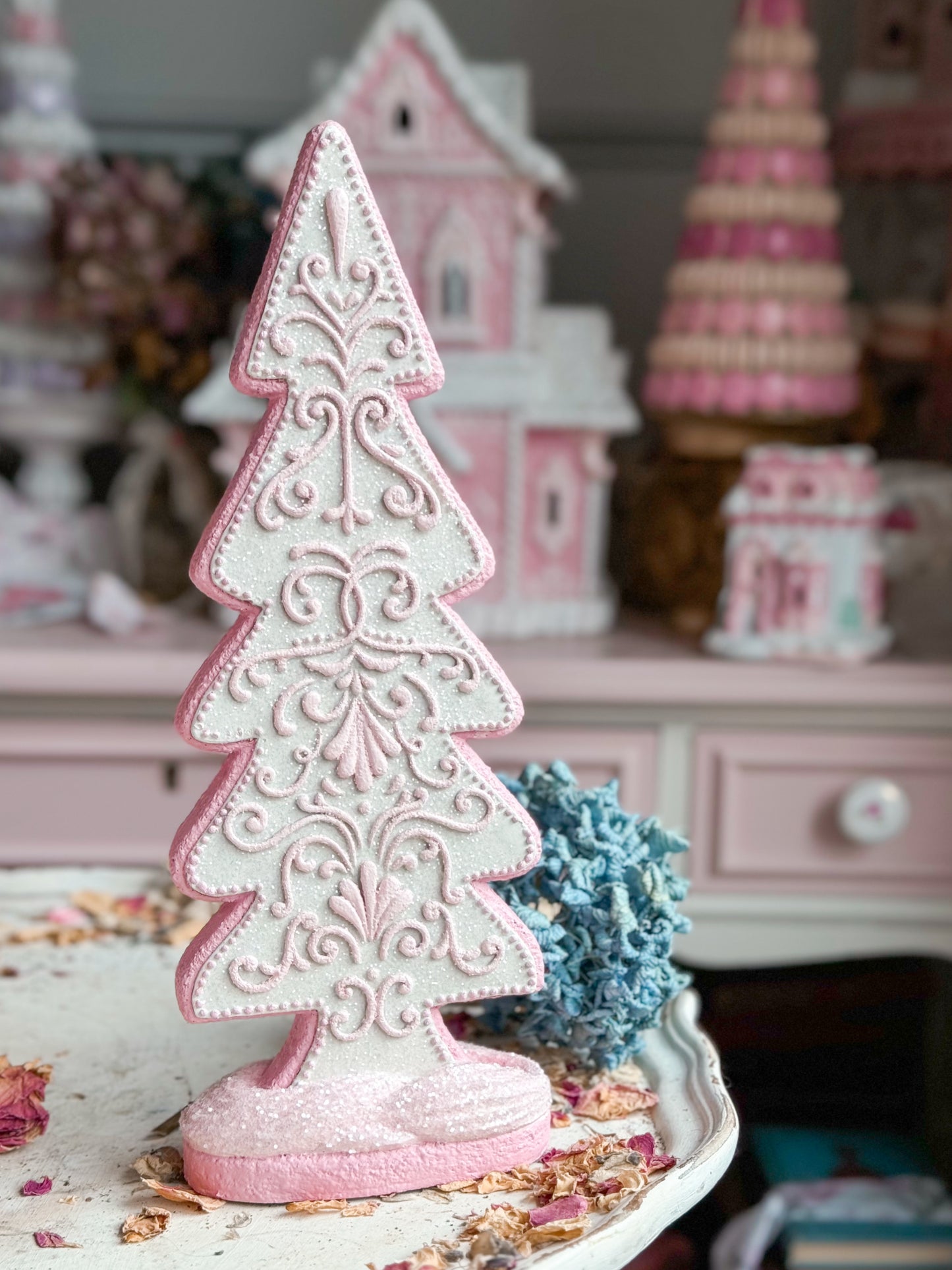 Bespoke Hand Painted Pastel Pink & White Gingerbread Cookie Christmas Tree