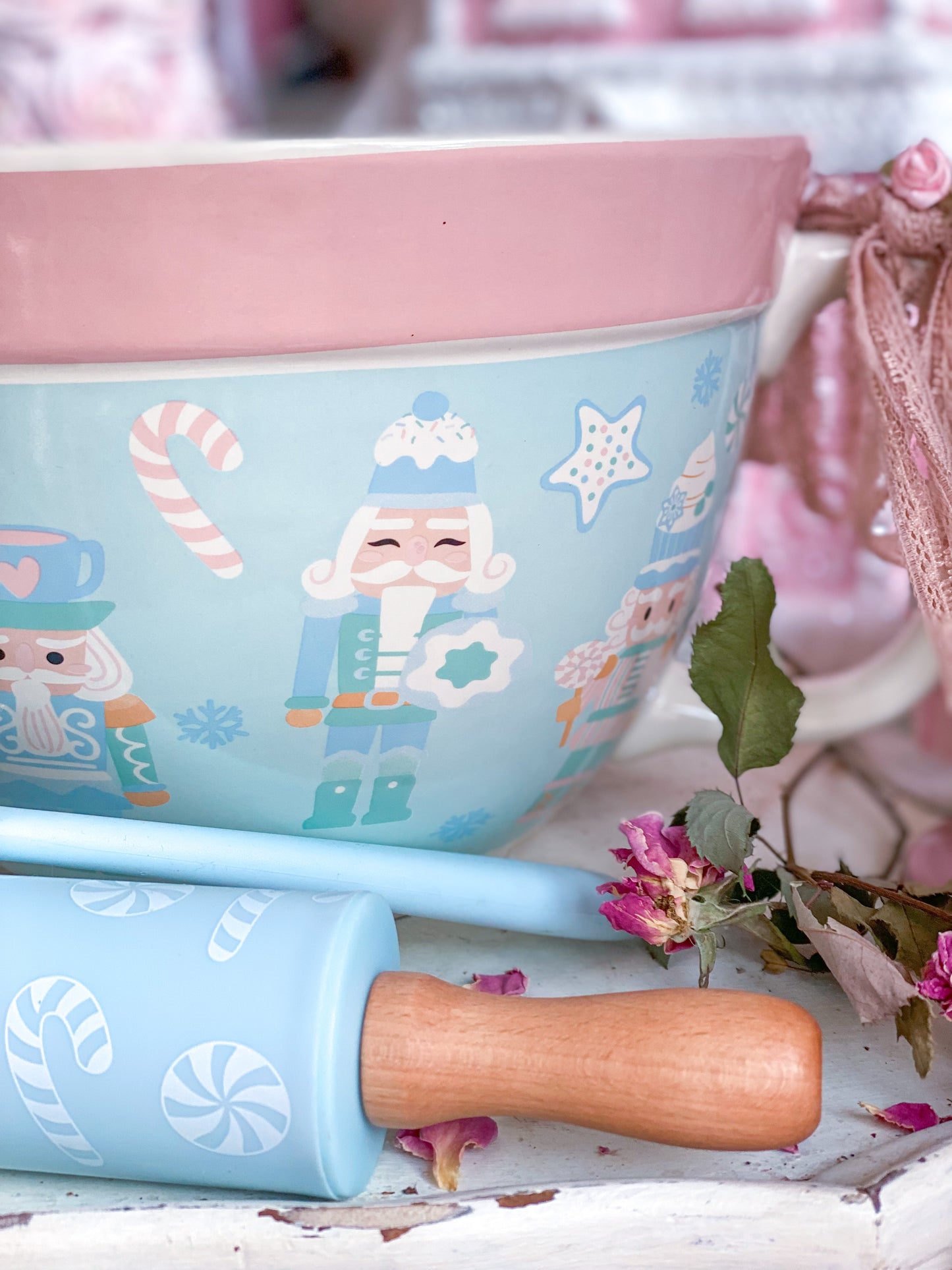 Pastel Pink and Blue Nutcracker Mixing Bowl w Rolling Pin, Spoon and Cookie Cutters