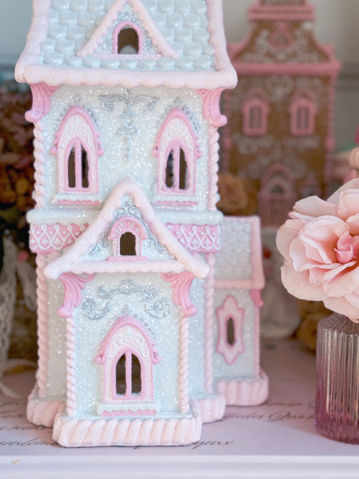 GLOW-UP COMMISSION: Bespoke Pastel Pink and White Hand Painted Two-Story Victorian Gingerbread House