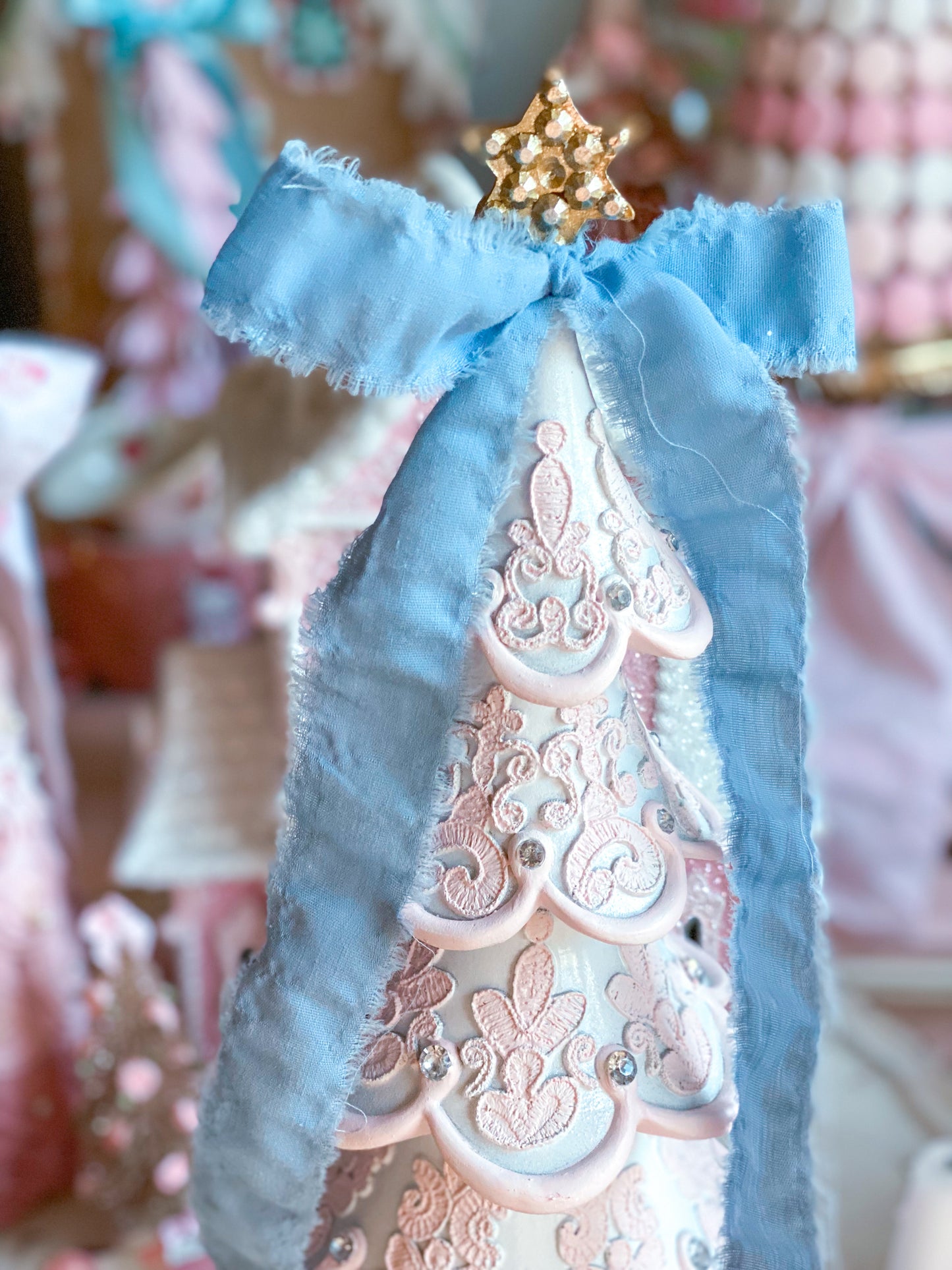 GLOW-UP COMMISSION: Bespoke Pink and White Hand Painted Elegant Lace Christmas Tree with Blue Bow