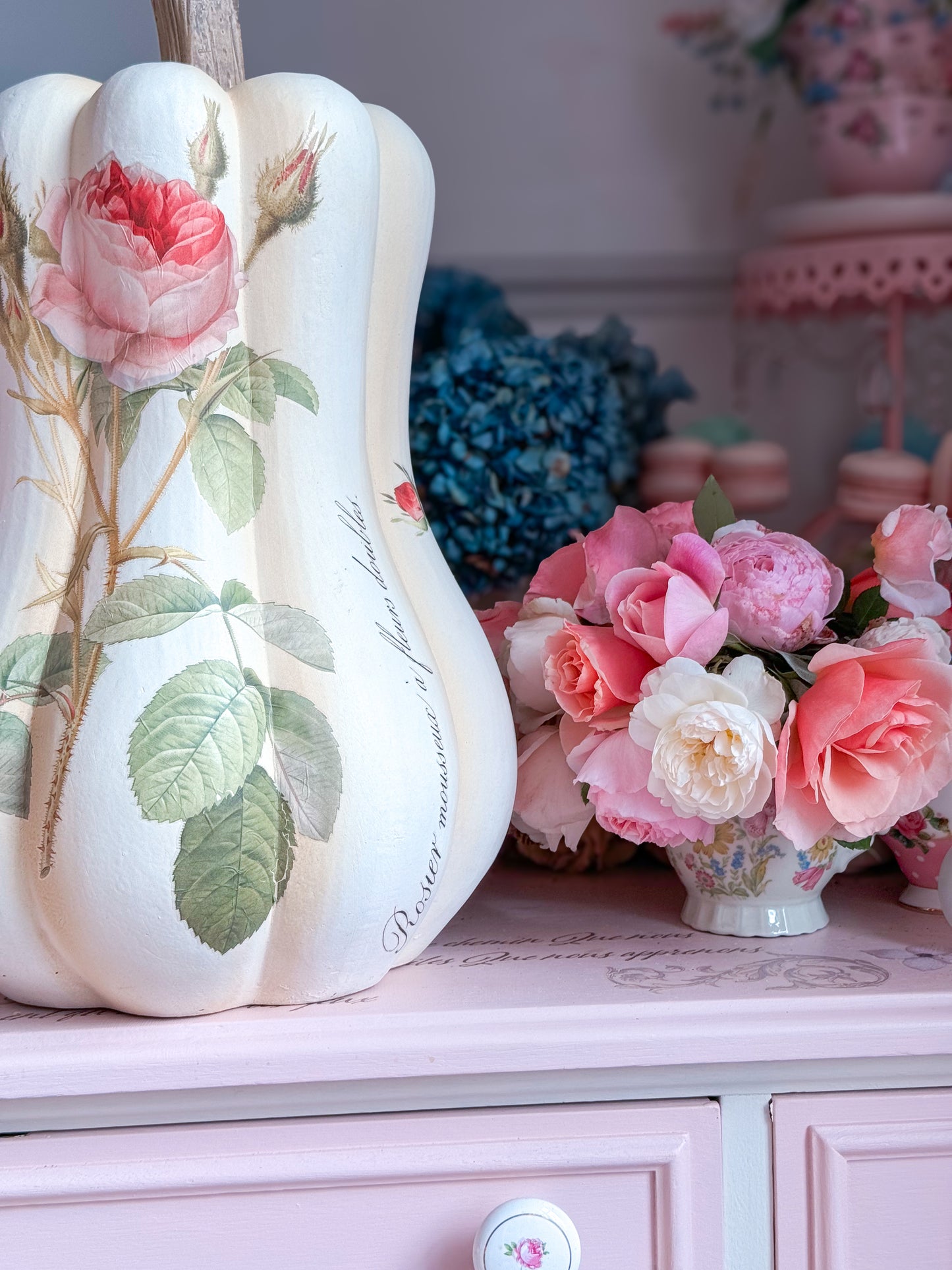 PRE-ORDER: Bespoke Redoute Roses Autumn Pumpkin Gourd with all Pink Roses