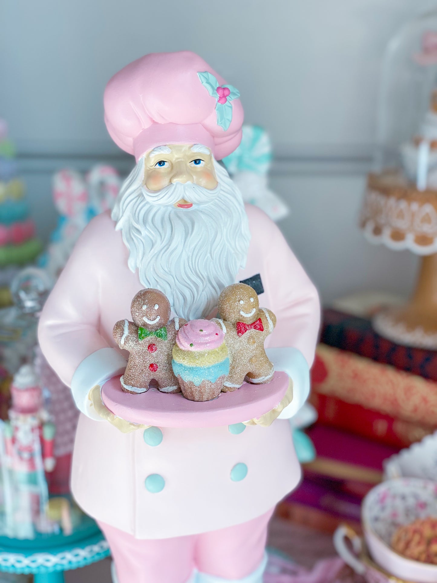 GLOW-UP COMMISSION: Hand Painted Pastel Pink and Mint Green Baking Santa with Gingerbread Men