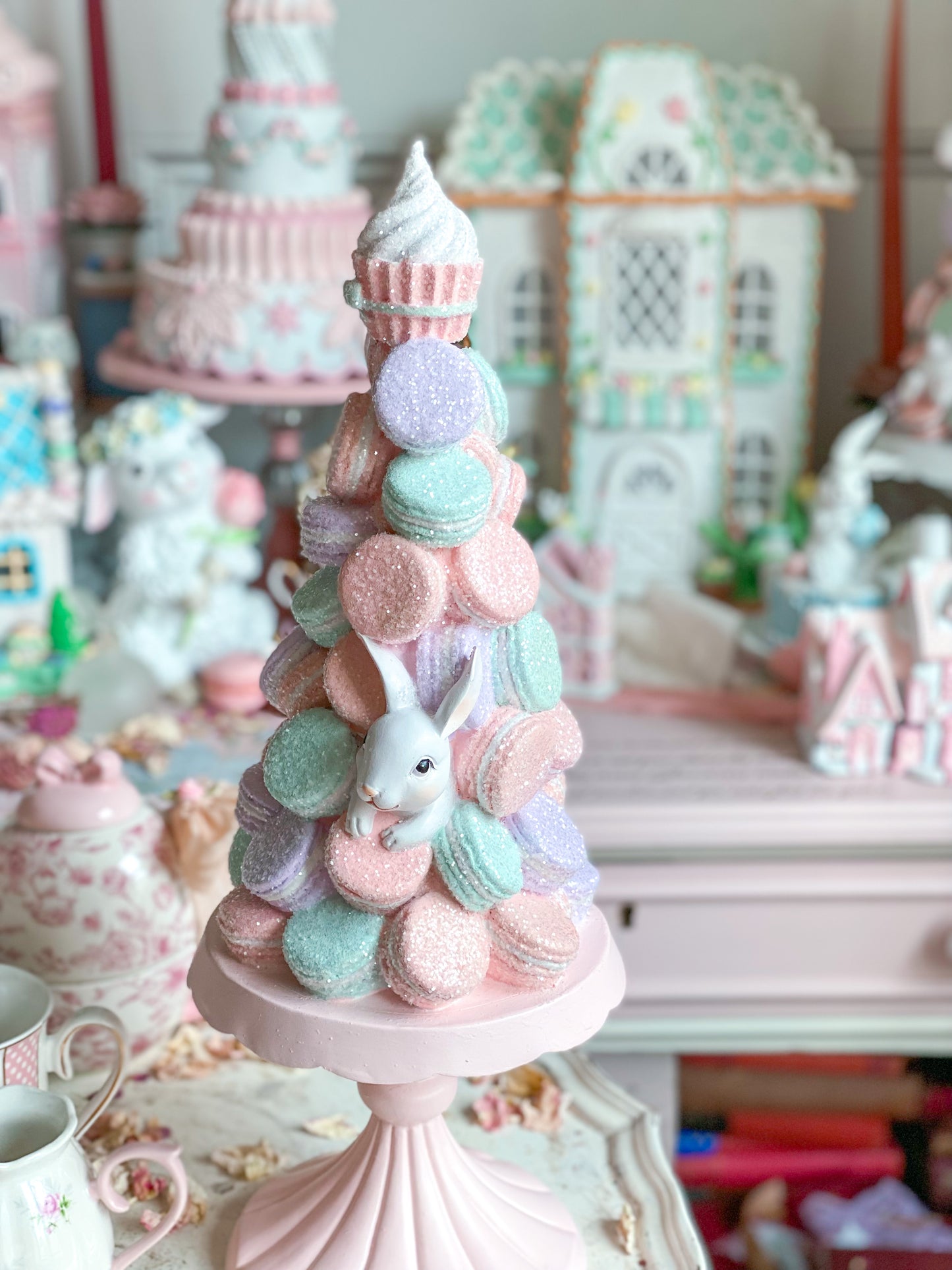 Bespoke Pastel Pink, Purple & Mint Green Bunny Macaron Tower on Blush Pink Pedestal Base