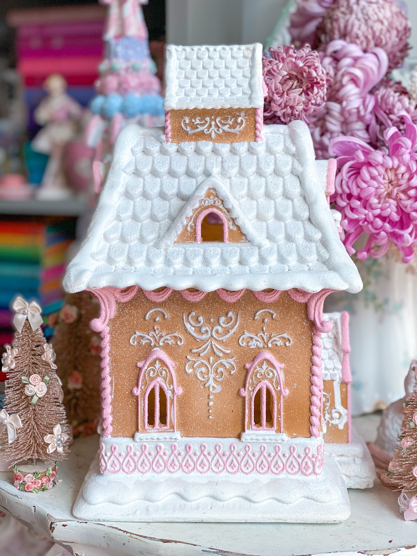 Bespoke Hand Painted LED light up Gingerbread House with Pink Details