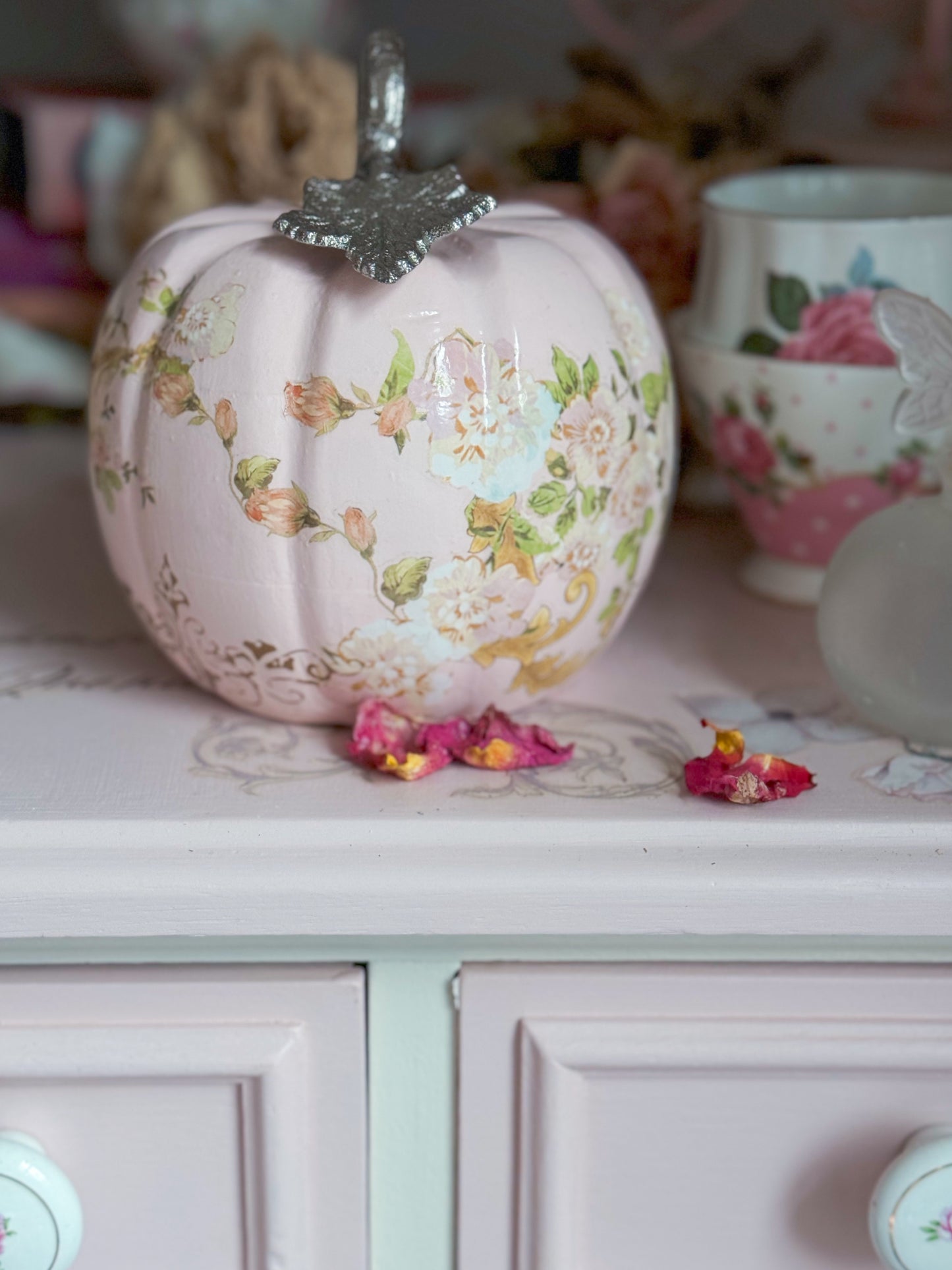 Bespoke Pastel Pink Rococo Hand Painted 5” Floral Pumpkin