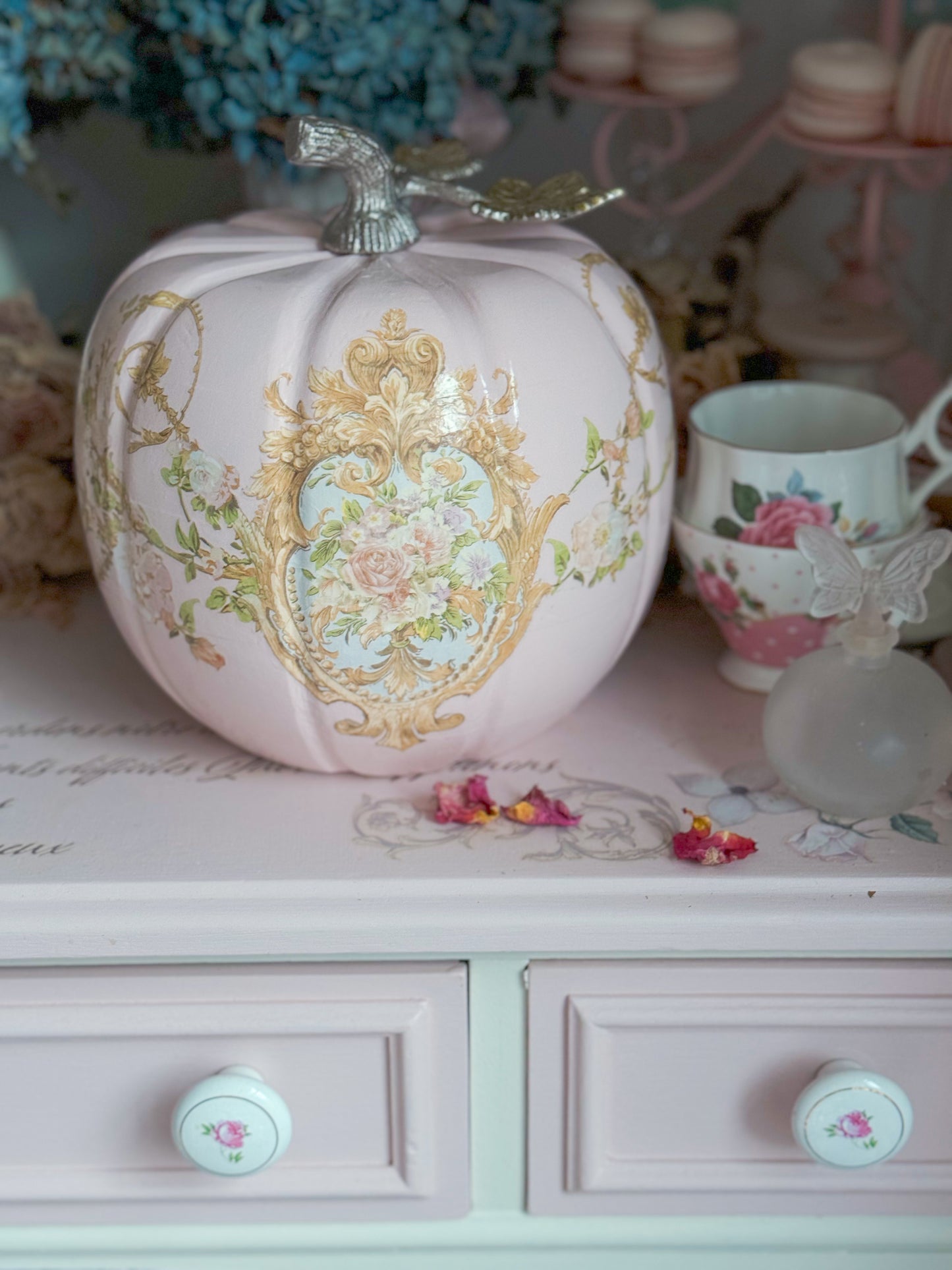 Bespoke Pastel Pink Hand Painted Rococo Inspired Coquette Floral Pumpkin Limited Edition