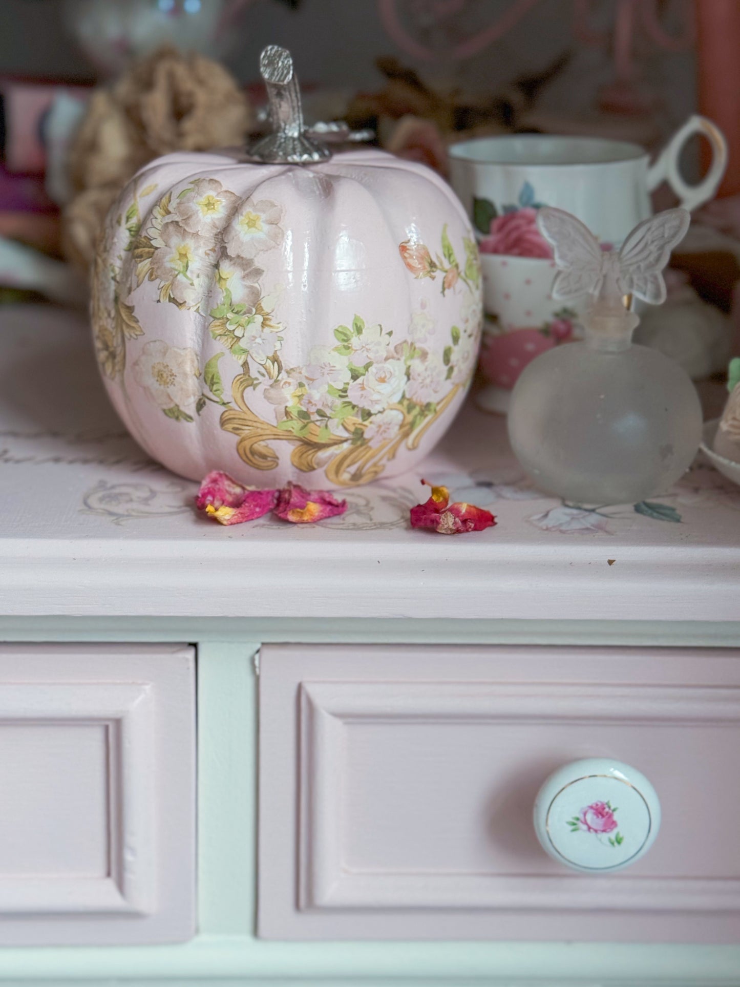 Bespoke Pastel Pink Rococo Hand Painted 5” Floral Pumpkin