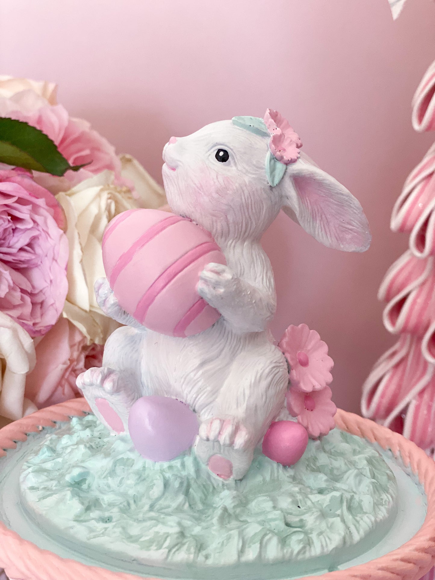 Bespoke Easter Bunny in Cloche on Pastel Pink Pedestal Base Hand Painted