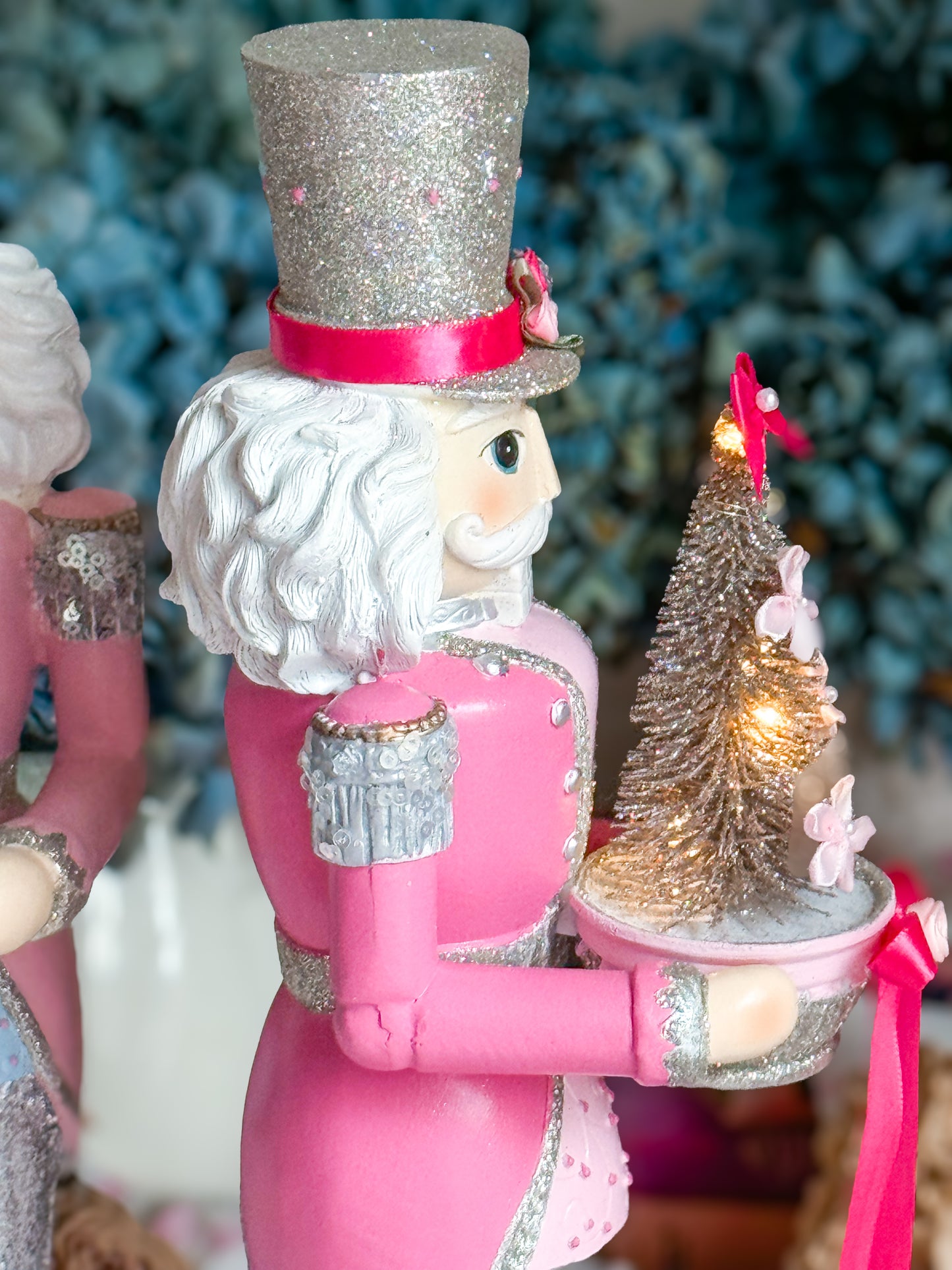 Bespoke Pink and Silver Hand Painted Nutcracker holding LED Light up Tree with Flowers and Bows