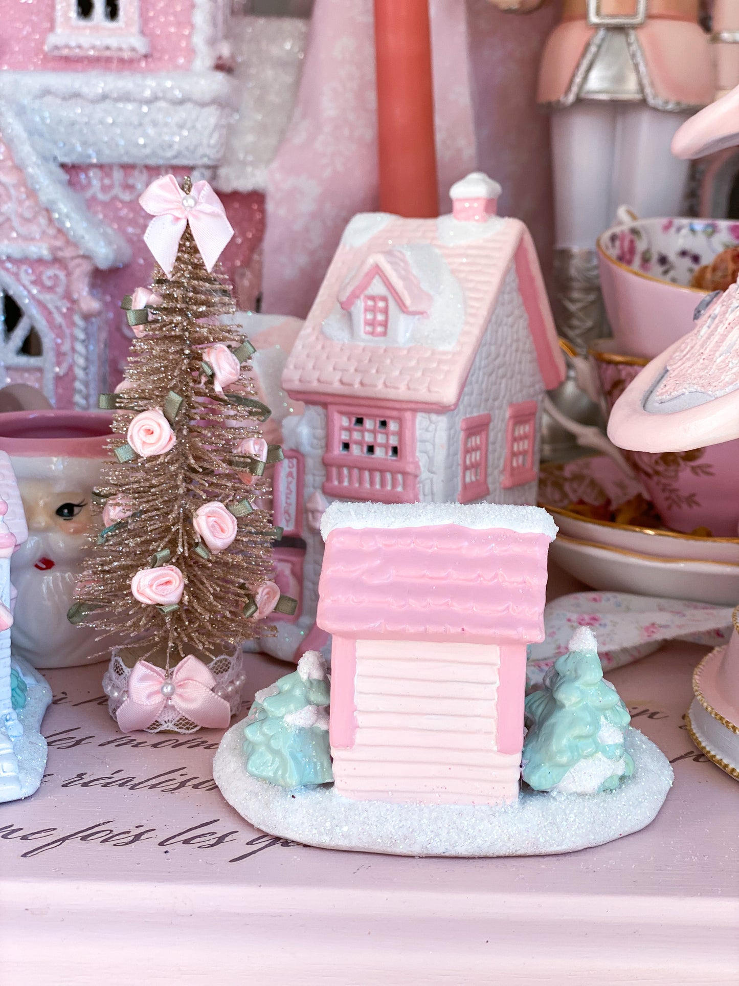 Bespoke Pastel Pink and White Petite Christmas Village Apple Cider Stand