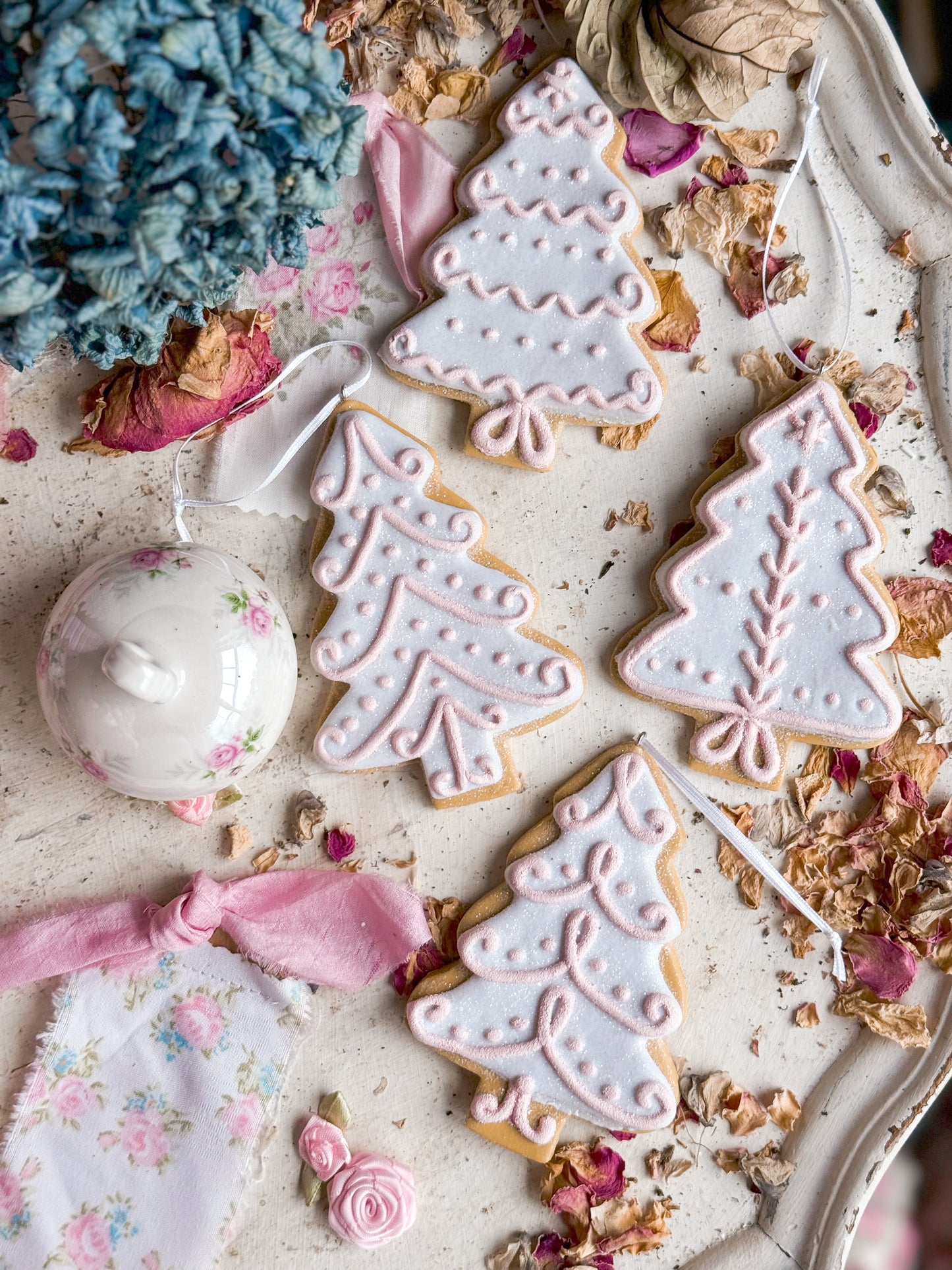 Bespoke Hand Painted Gingerbread Cookie Christmas Tree Ornaments with Pastel Pink Icing