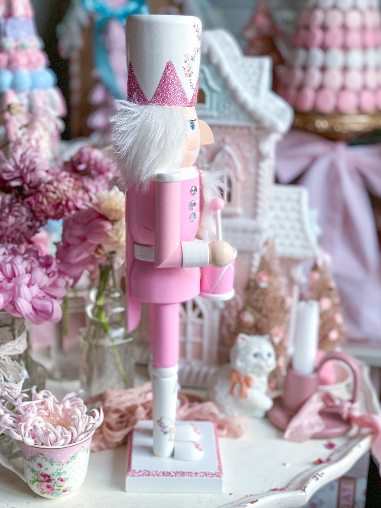 Bespoke Pastel Pink Glitter Drummer Nutcracker with Floral Boots