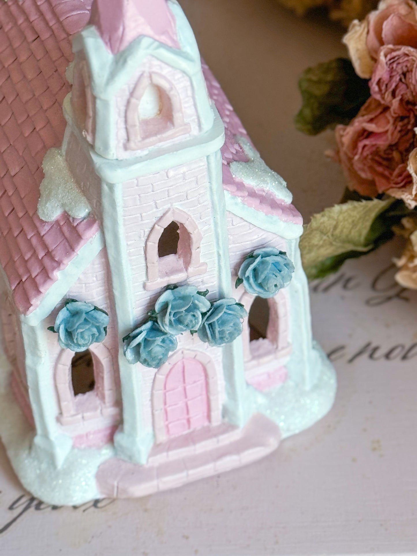 Bespoke Hand Painted Pastel Pink & Blue Christmas Village Church