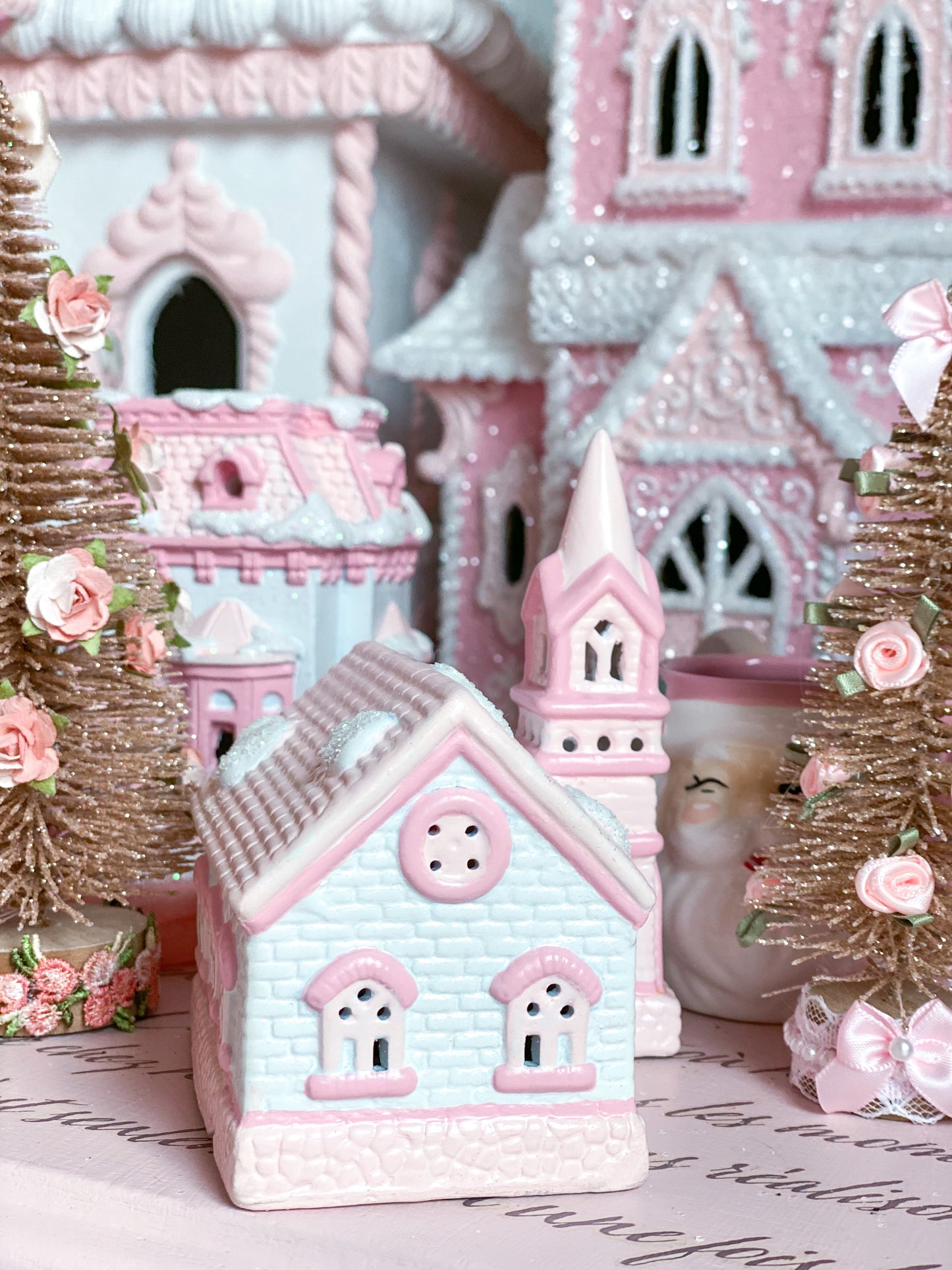 Bespoke Pastel Pink and White Petite Christmas Village Rural Chapel