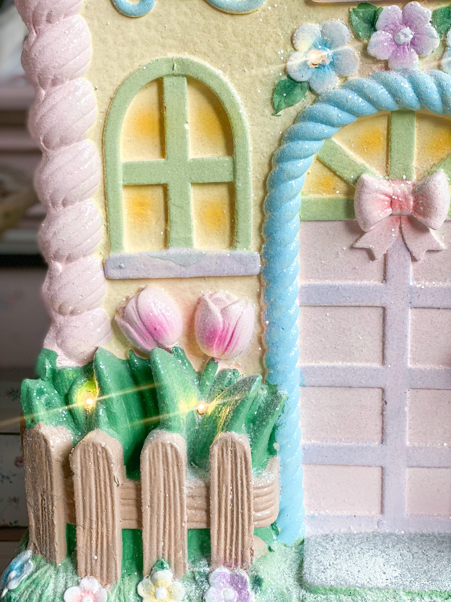 Large Pastel Pink and Yellow LED Light up Cookie House with Easter Bunny and Flowers