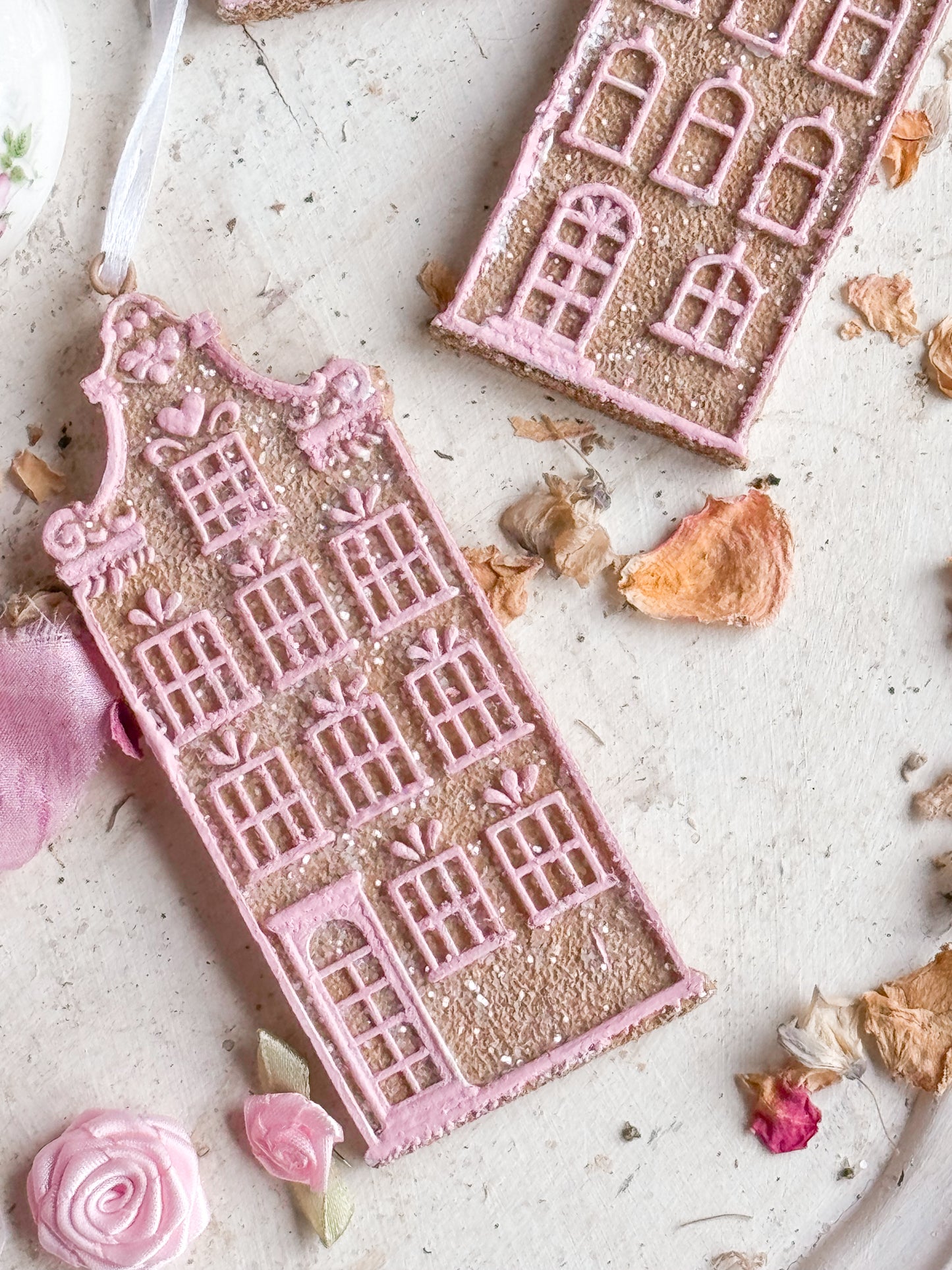 Bespoke Hand Painted Pink Gingerbread Townhouse Christmas Tree Ornaments