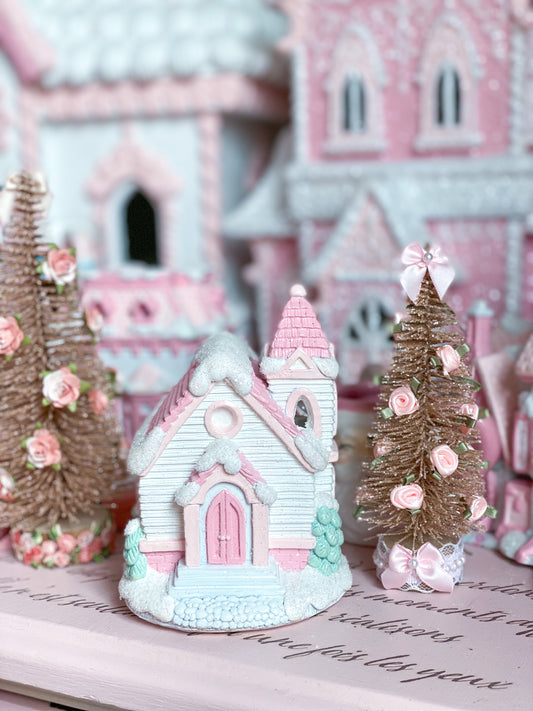 Bespoke Pastel Pink and White Petite Christmas Village Rural Church