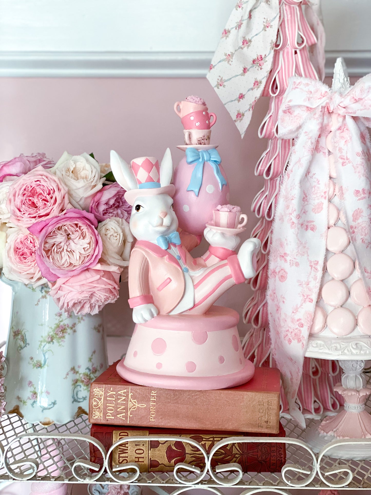 Bespoke Pastel Pink and Blue Mad Hatter Style Easter Bunny Balancing egg and Teacups Hand Painted