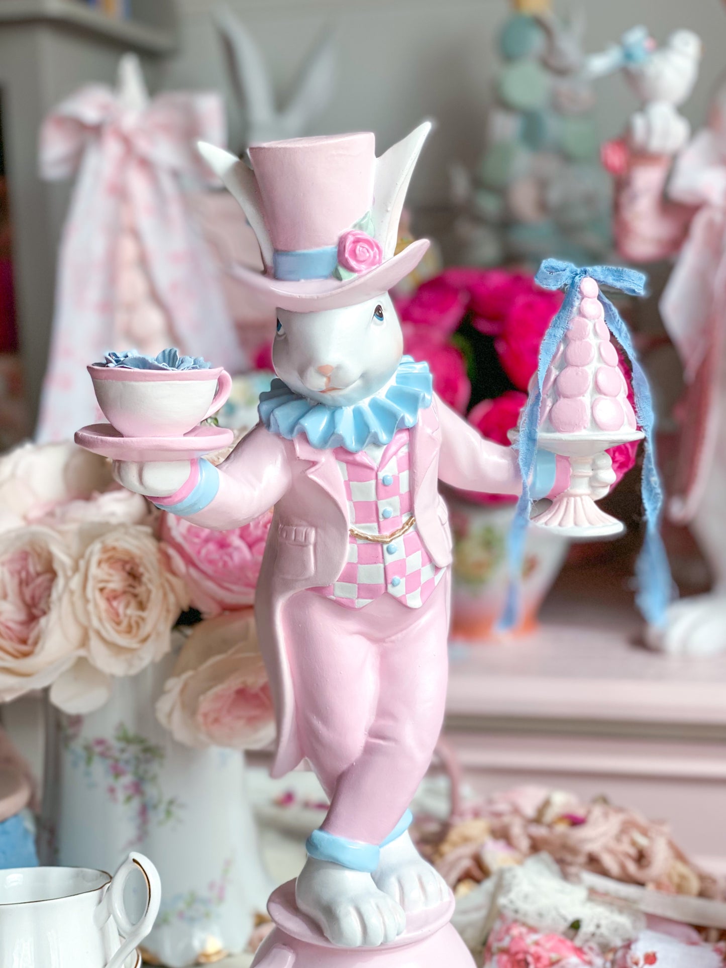GLOW-UP Commission: Bespoke Hand Painted Pastel Pink and Blue Mad Hatter Bunny Balancing on a Tea Cup