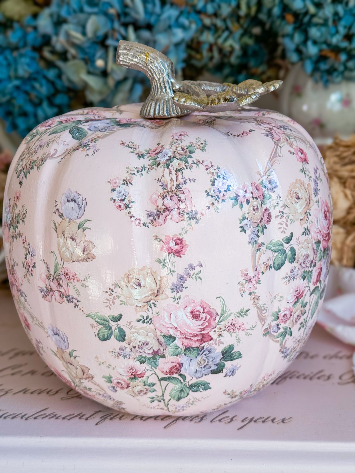 Bespoke Pastel Pink Hand Painted Shabby Chic Floral Pumpkin