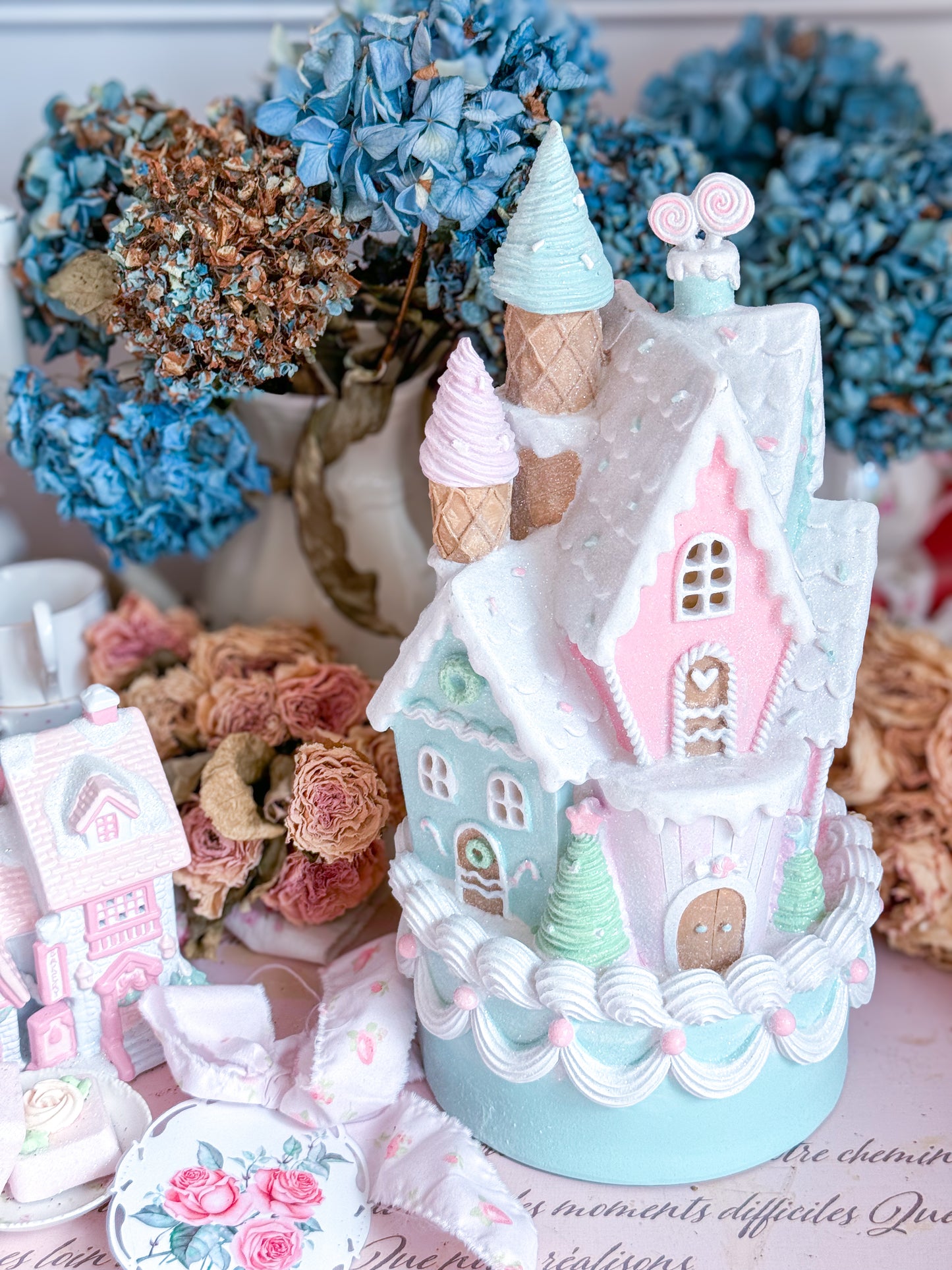 Pastel Pink, Blue and Purple LED light up Gingerbread Christmas Castle Cake